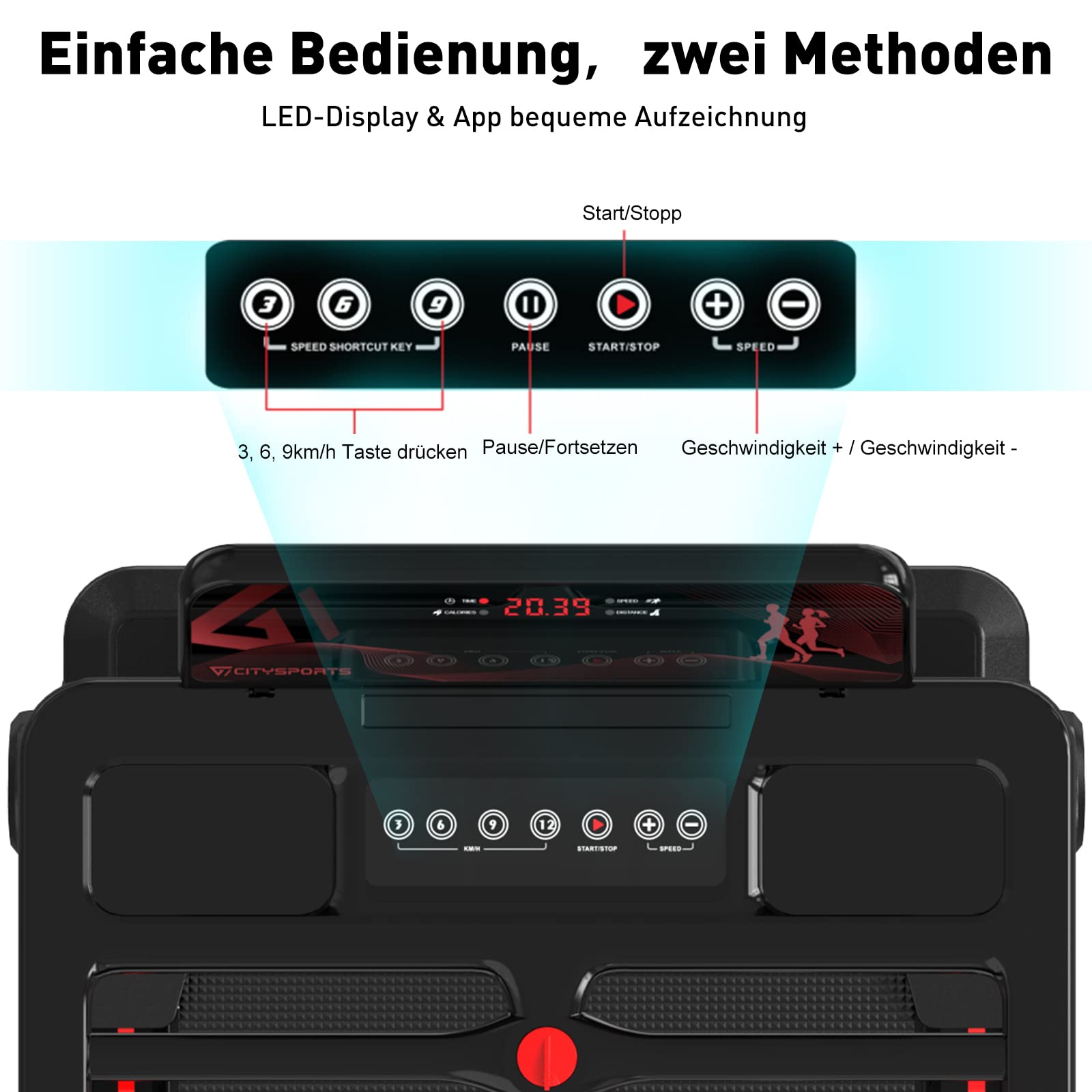 CITYSPORTS Laufband, klappbar, bis 12 km/h, LED, App, 360° Tablet-Halter, kompakt, Walking Pad für Zuhause & Büro, schwarz