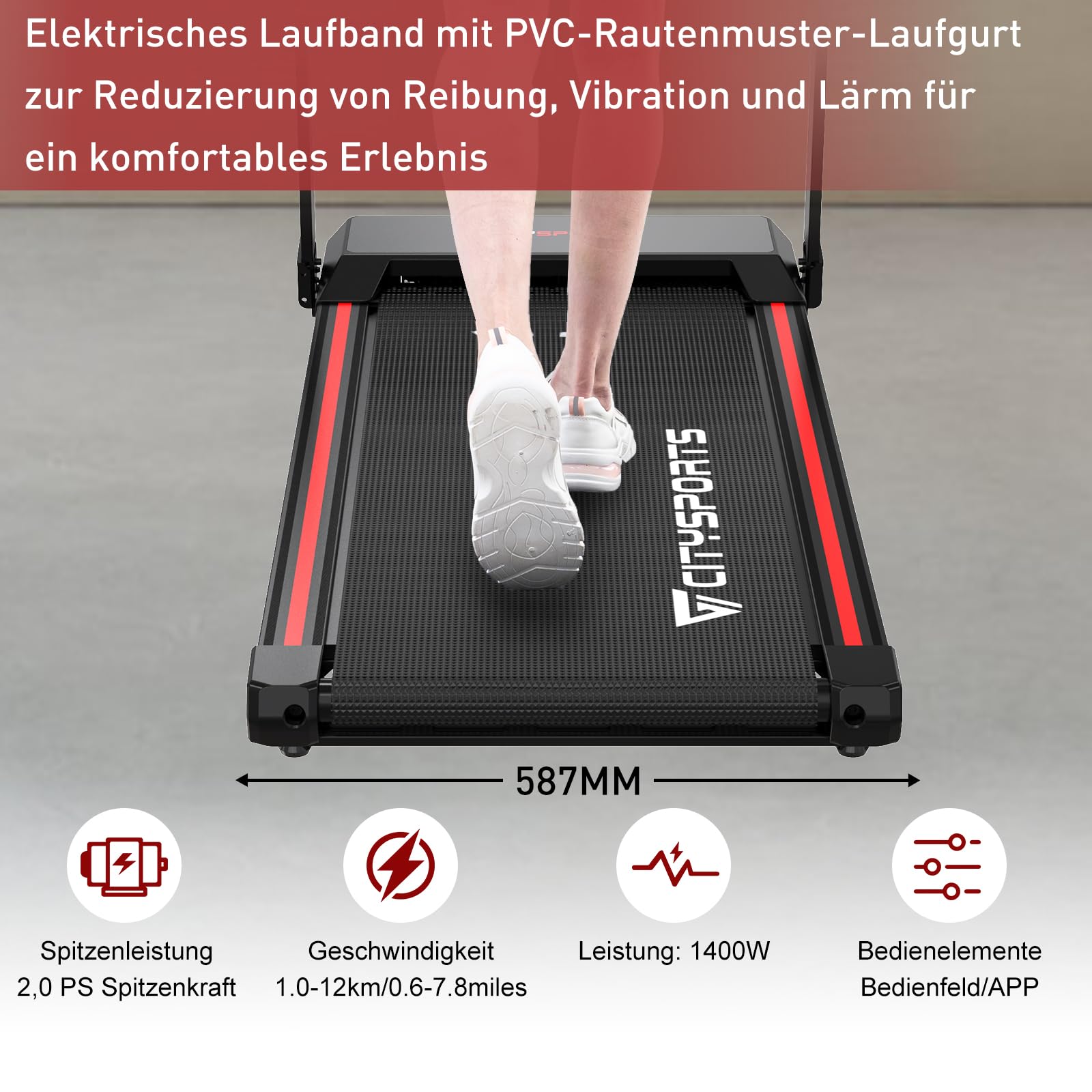 CITYSPORTS Laufband, klappbar, bis 12 km/h, LED, App, 360° Tablet-Halter, kompakt, Walking Pad für Zuhause & Büro, schwarz