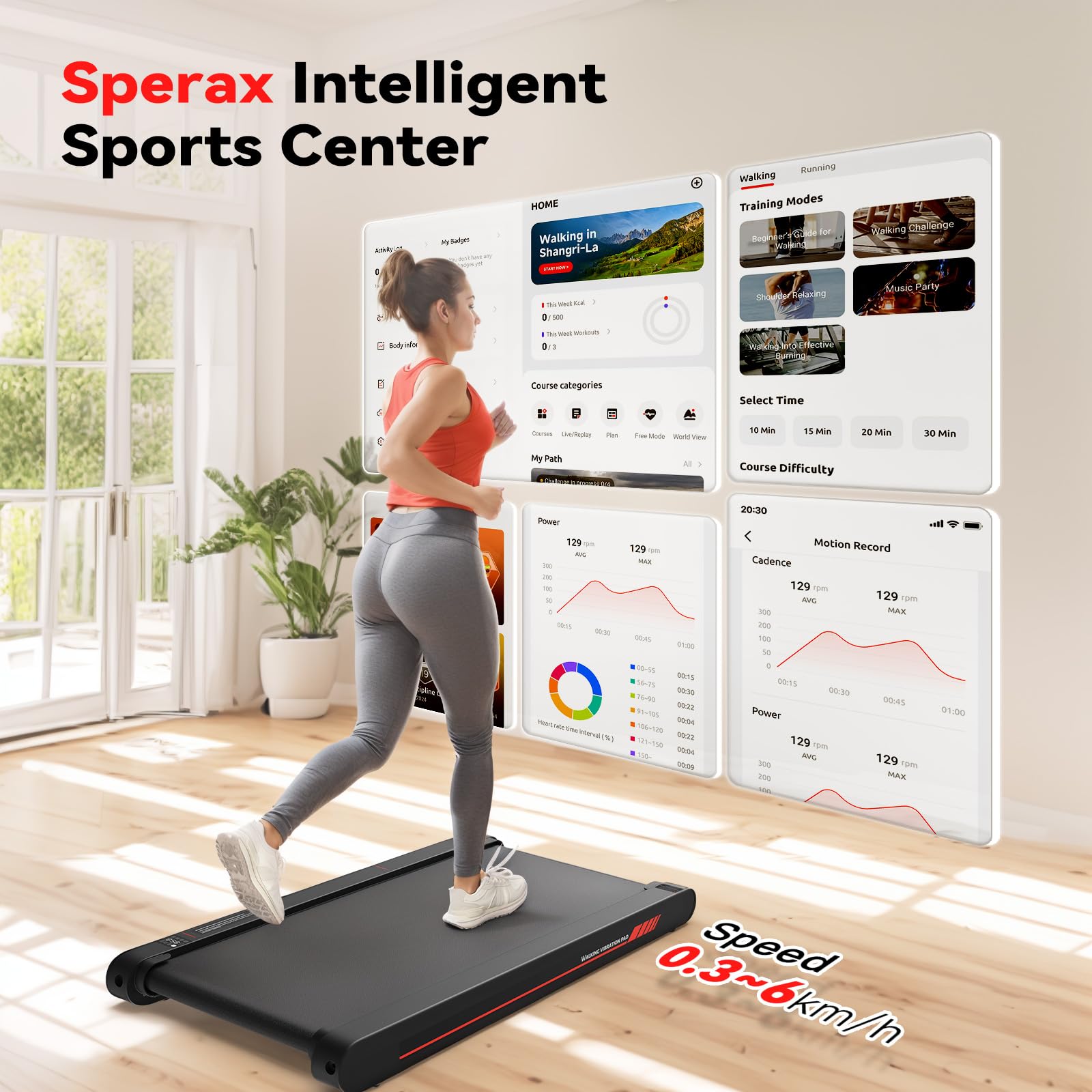 Sperax 4-in-1 Walking Pad, 0.3–6 km/h, Bluetooth App, Fernbedienung, für Zuhause & Büro, Laufband mit Vibration, grau