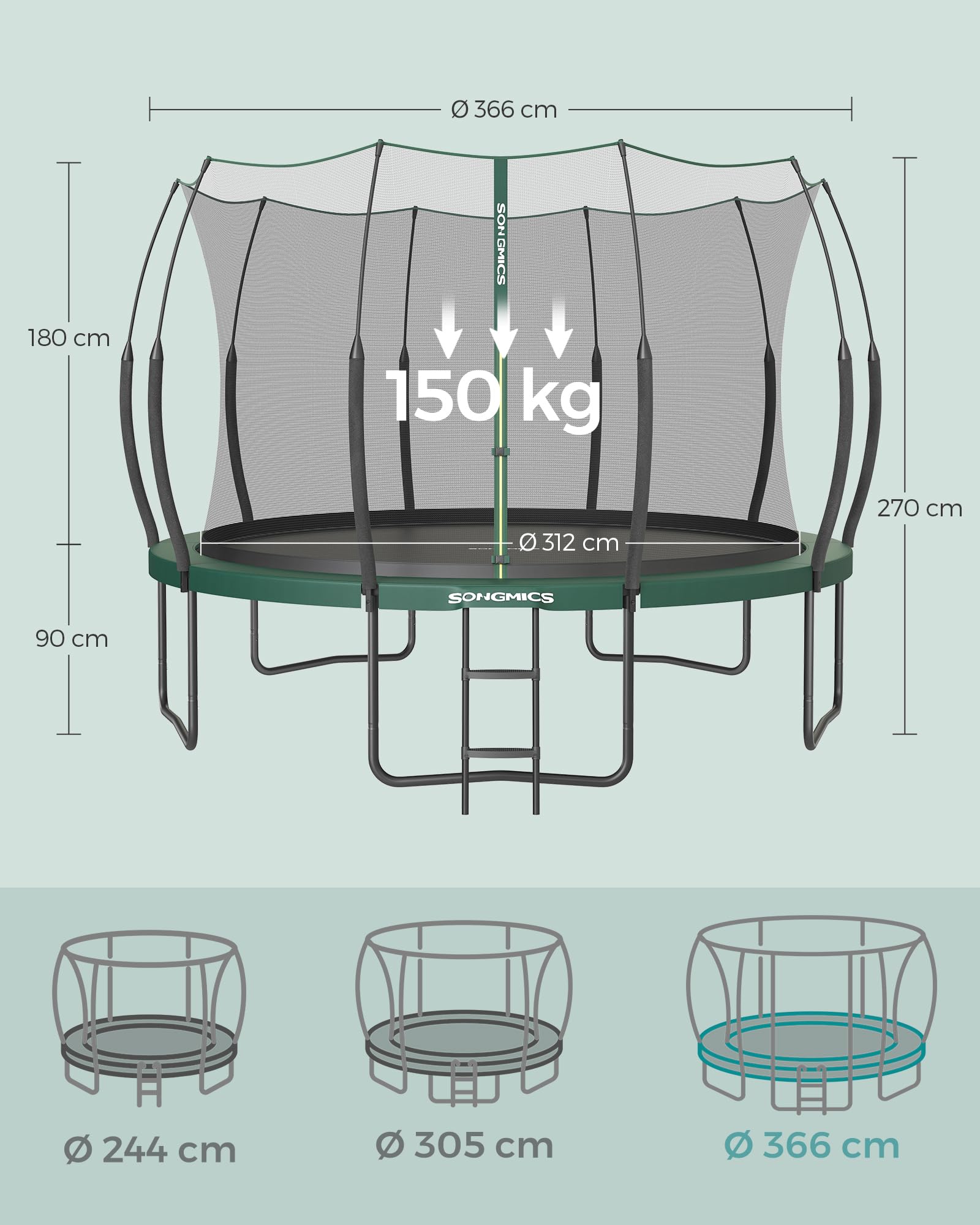 SONGMICS Federloses Trampolin Ø 366 cm, Trampolin Outdoor für Kinder, elastische Seile, Sicherheitsnetz mit Reißverschluss, Glasfaserstangen, sicher