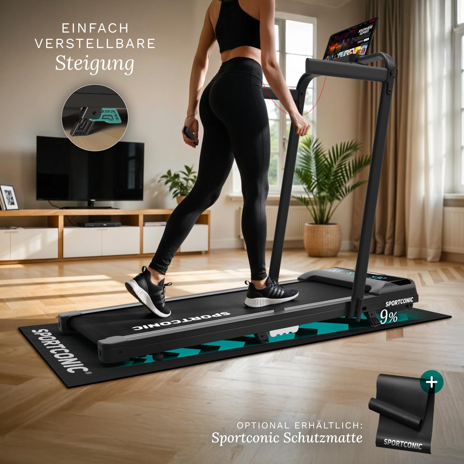 Sportconic Laufband, 1–12 km/h, klappbar, leise, Walking Pad mit Steigung, Tablet-Halter & Fernbedienung, für Zuhause/Büro