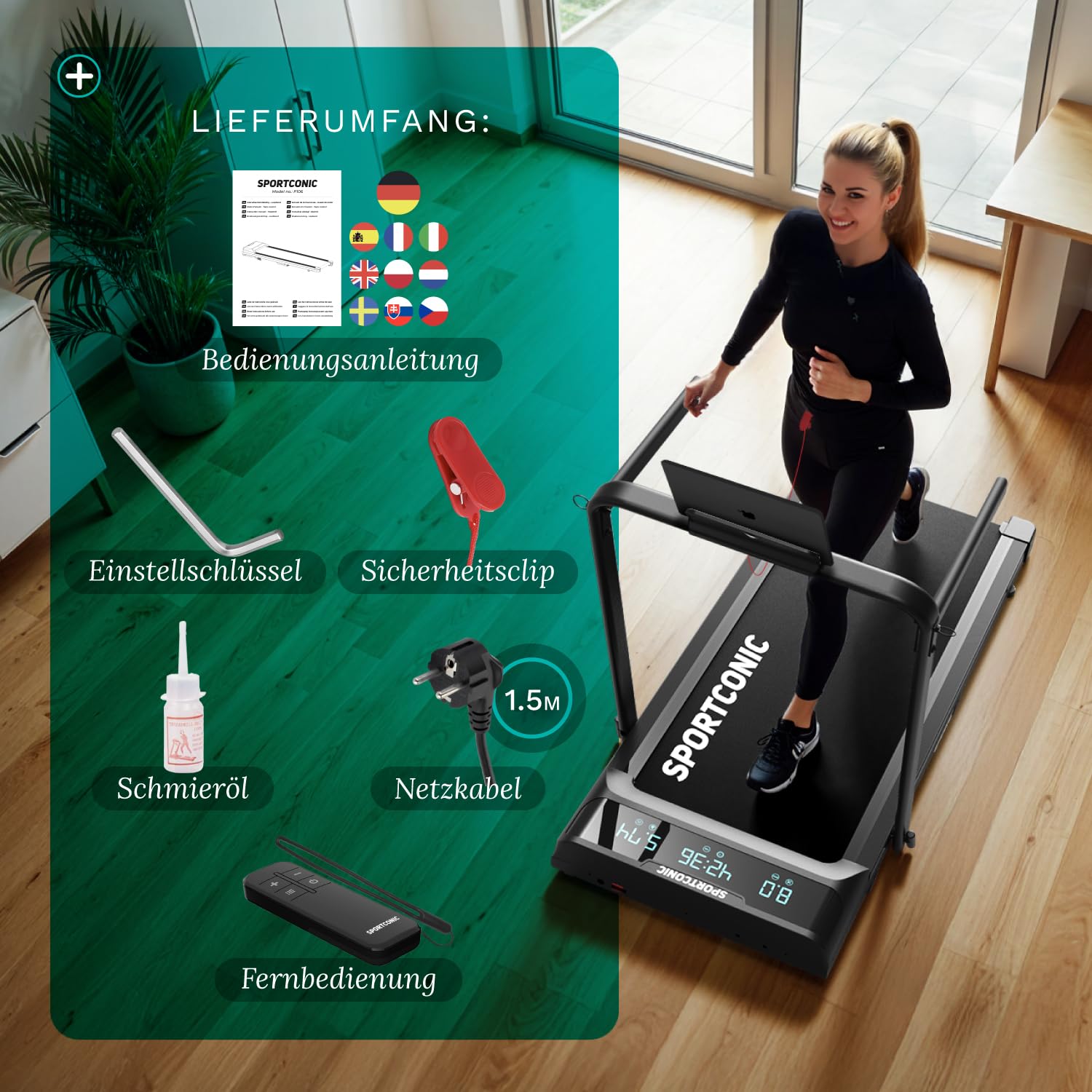 Sportconic Laufband, 1–12 km/h, klappbar, leise, Walking Pad mit Steigung, Tablet-Halter & Fernbedienung, für Zuhause/Büro