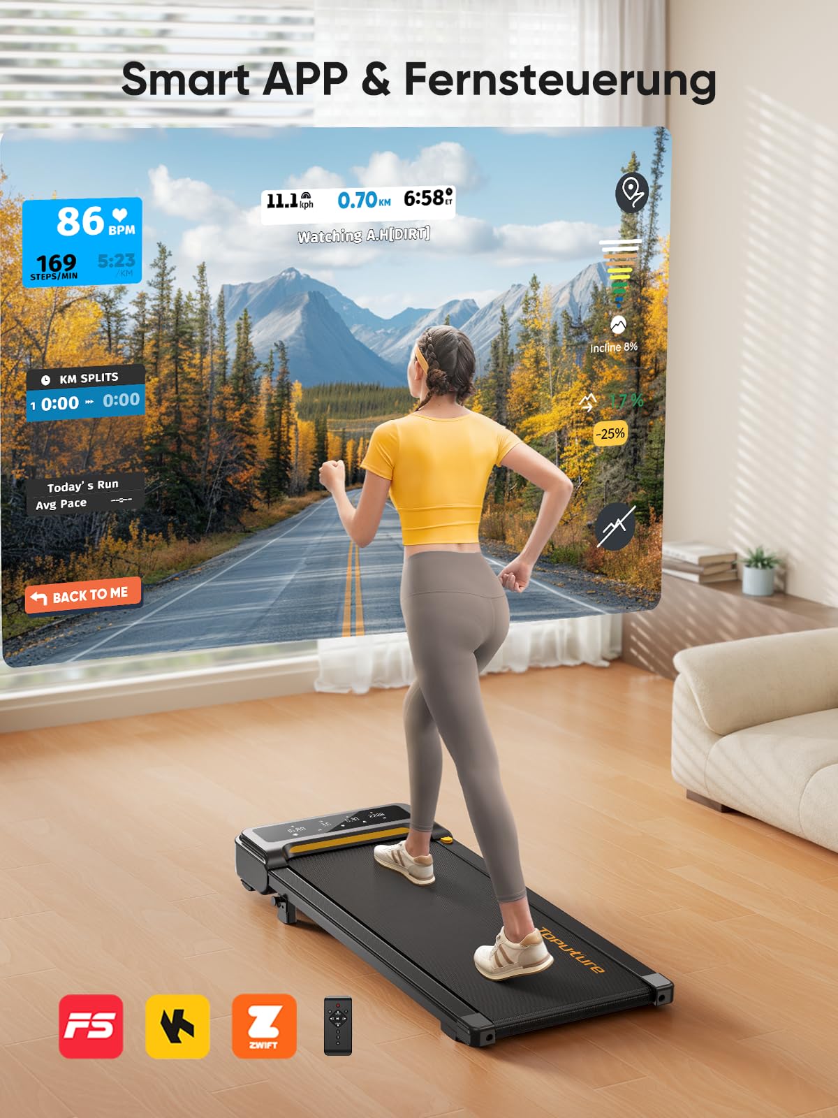 Laufband für Zuhause, 1–10 km/h, 2.5 HP, elektrisch mit Steigung, Walking Pad, App & Fernbedienung, kein Aufbau nötig, Büro/Zuhause
