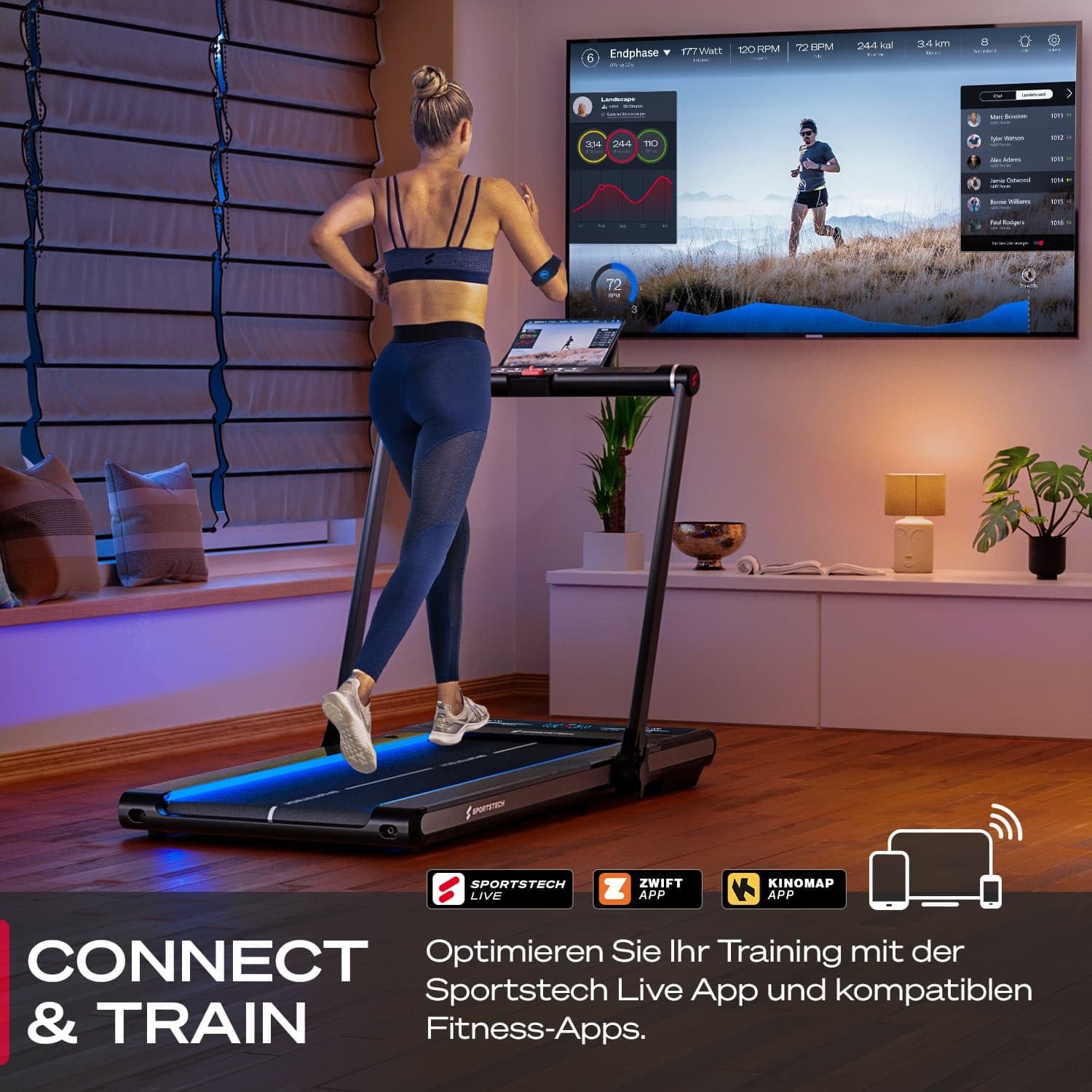Sportstech sWalk Plus, 2in1 Laufband & Walking Pad, 14 km/h, 3,5 PS, klappbar, LED, Bluetooth App, bis 120 kg, für Zuhause/Büro