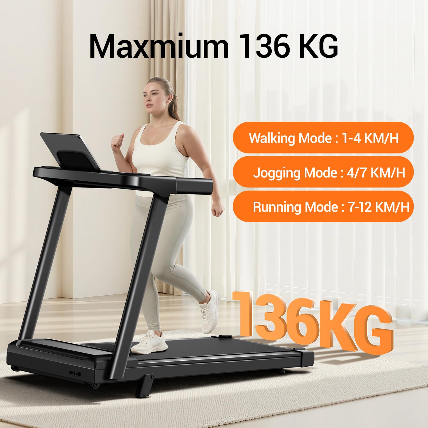 LONTEK Laufband Für Zuhause Klappbar 12KM/H,Laufbänder mit Herzfrequenzmonitor, Treadmill for Home mit 12 Trainingsprogrammen,Max Belastung 136KG