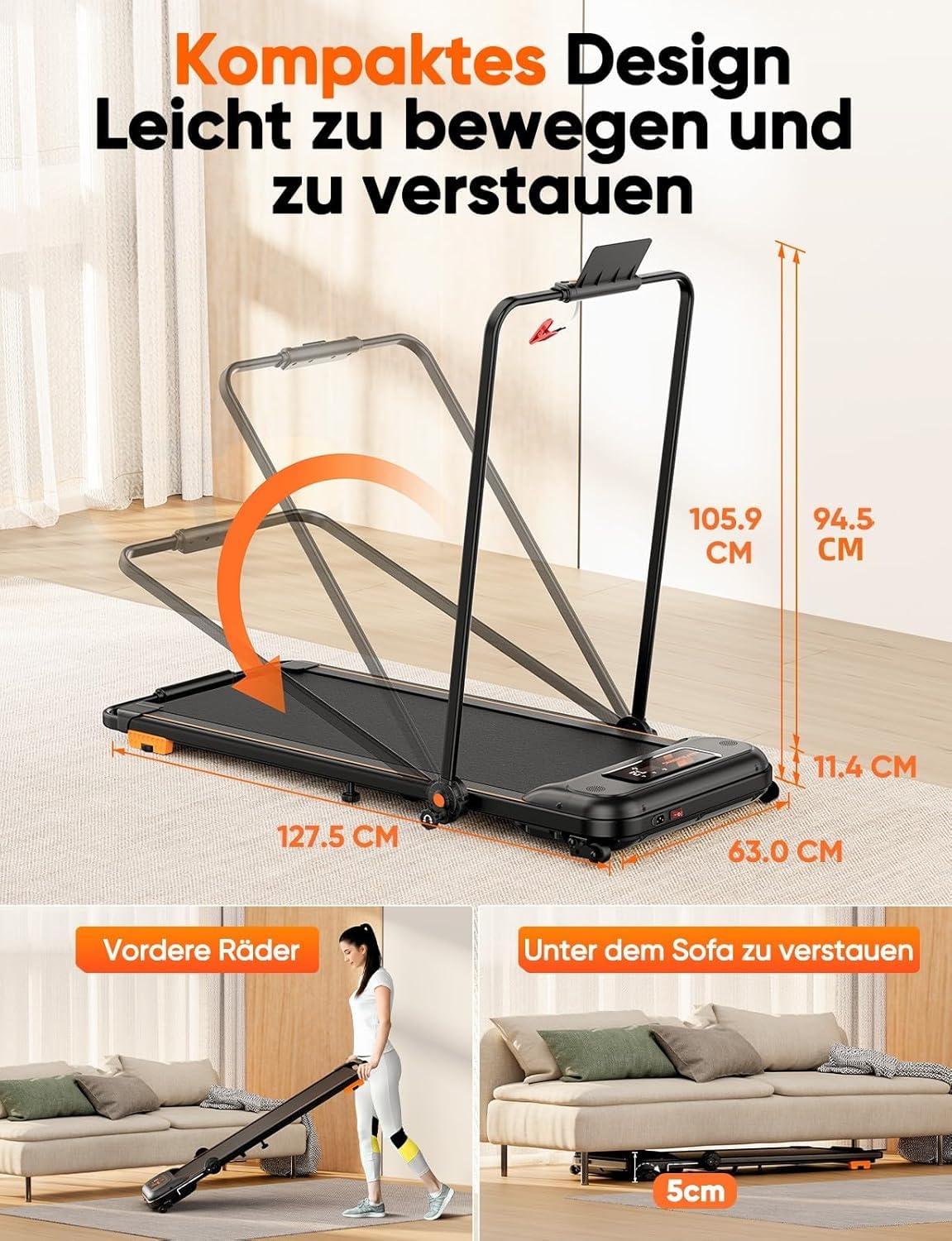 Laufband klappbar, bis 12 km/h, 2.5 HP, elektrisch mit Steigung, LCD, App & Fernbedienung, doppelte Dämpfung, kein Aufbau nötig