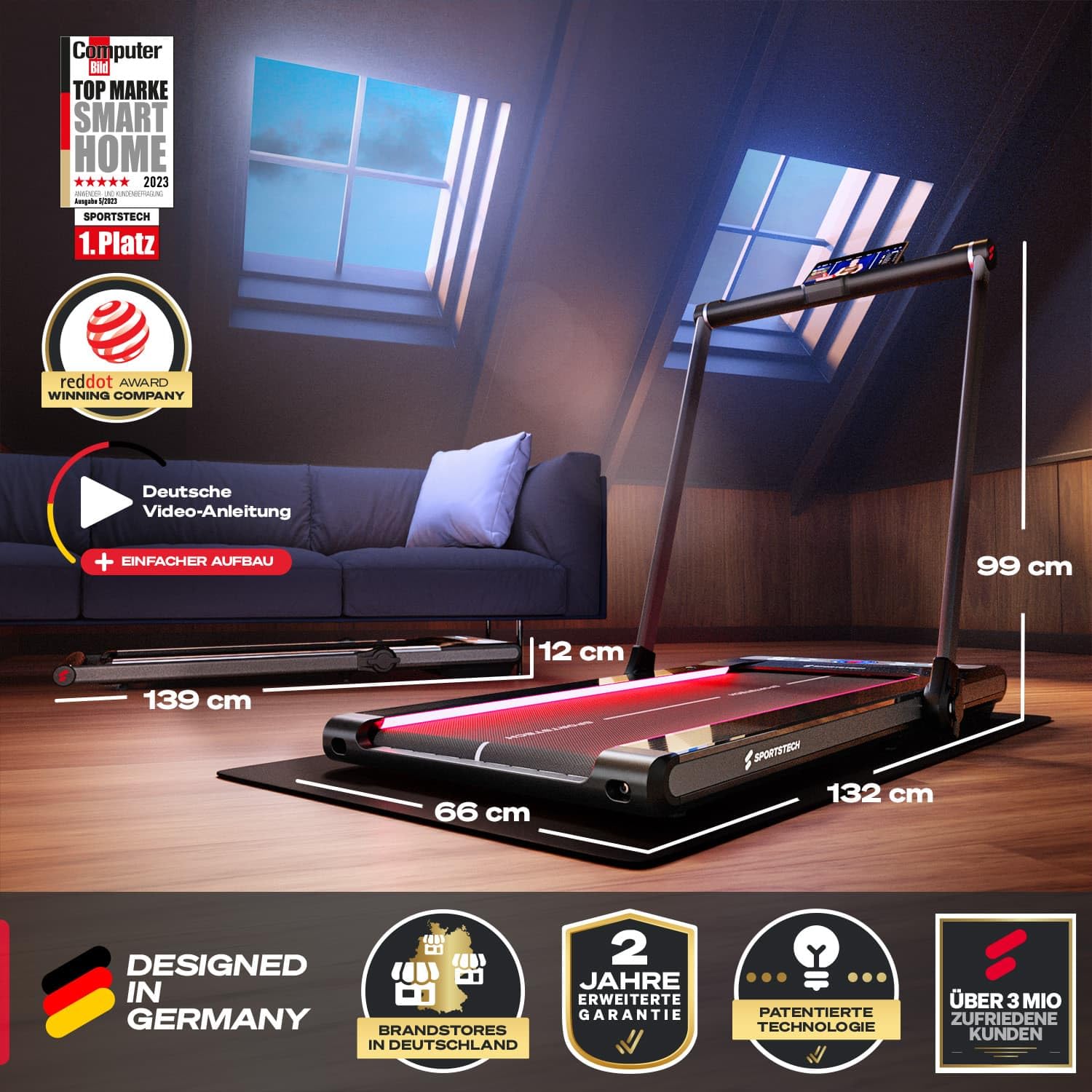Sportstech sWalk Plus, 2in1 Laufband & Walking Pad, 14 km/h, 3,5 PS, klappbar, LED, Bluetooth App, bis 120 kg, für Zuhause/Büro