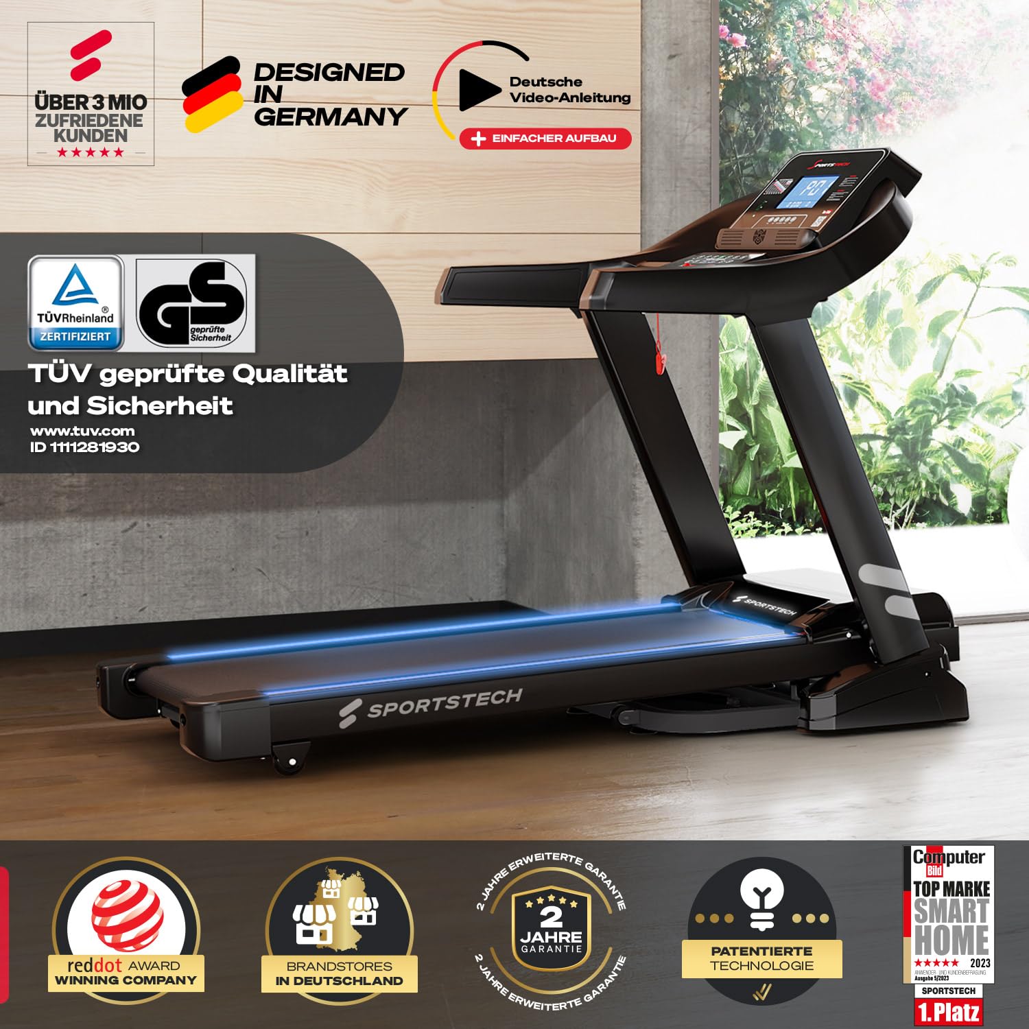 Sportstech F37s Laufband, 20 km/h, 7 PS, klappbar, Steigung, bis 150 kg, große Lauffläche, App, TÜV-geprüft, Home Gym