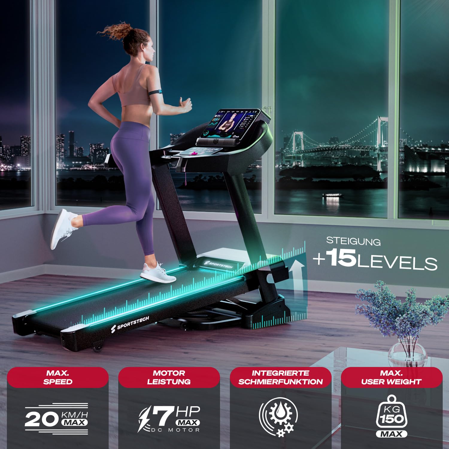 Sportstech F37s Laufband, 20 km/h, 7 PS, klappbar, Steigung, bis 150 kg, große Lauffläche, App, TÜV-geprüft, Home Gym