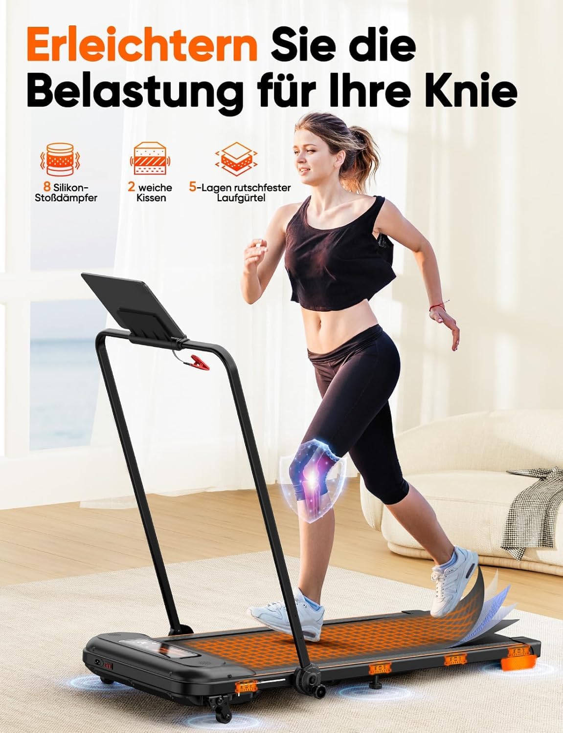 Laufband klappbar, bis 12 km/h, 2.5 HP, elektrisch mit Steigung, LCD, App & Fernbedienung, doppelte Dämpfung, kein Aufbau nötig