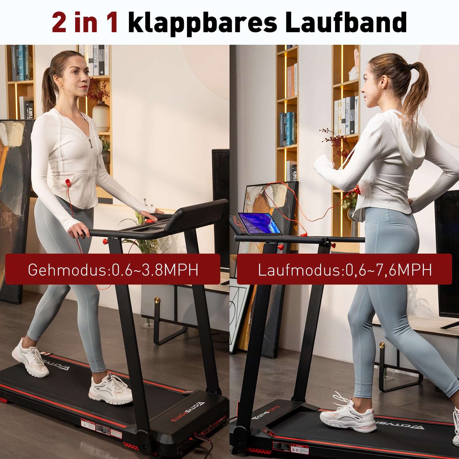 CITYSPORTS Laufband, klappbar, bis 12 km/h, LED, App, 360° Tablet-Halter, kompakt, Walking Pad für Zuhause & Büro, schwarz