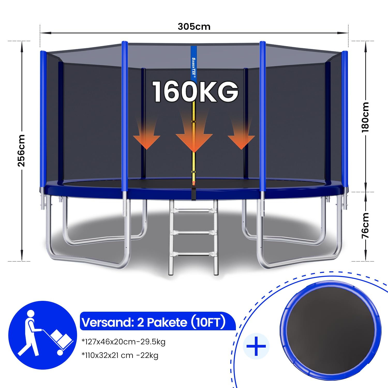 SAIBERTAN Trampolin Outdoor Ø244/305/366 cm, Rundes Gartentrampolin mit 4 Erdnägeln & Sicherheitsnetz – EXTRA STARK & WETTERFEST