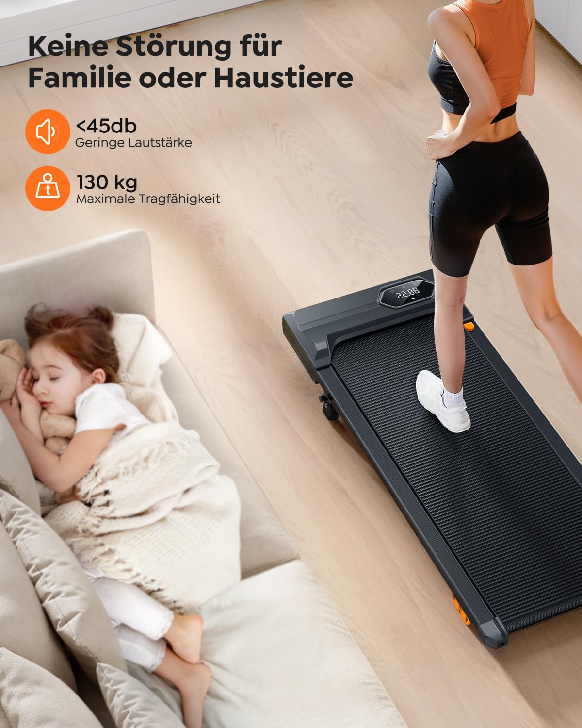 Walking Pad Laufband, 1–6 km/h, 10% Steigung, 2.5 HP Motor, LED, App, Dreifachdämpfung, bis 130 kg, leise & kompakt, Büro/Zuhause