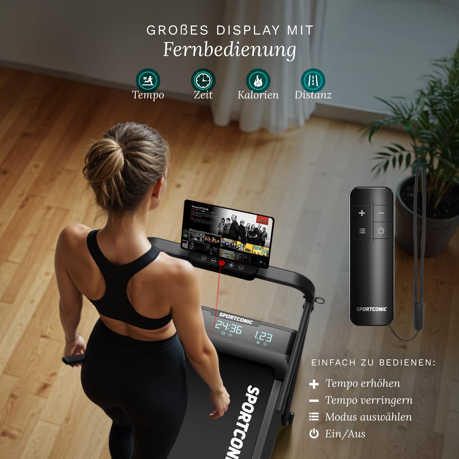 Sportconic Laufband, 1–12 km/h, klappbar, leise, Walking Pad mit Steigung, Tablet-Halter & Fernbedienung, für Zuhause/Büro