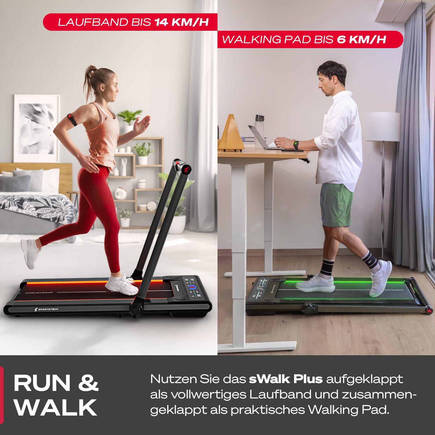 Sportstech sWalk Plus, 2in1 Laufband & Walking Pad, 14 km/h, 3,5 PS, klappbar, LED, Bluetooth App, bis 120 kg, für Zuhause/Büro