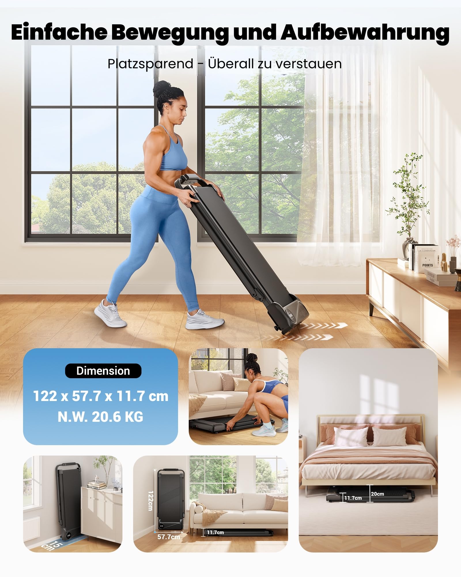 THERUN Laufband klappbar, bis 10 km/h, leises Walking Pad mit LED & Handlauf, doppelte Dämpfung, kein Aufbau nötig, Büro/Zuhause