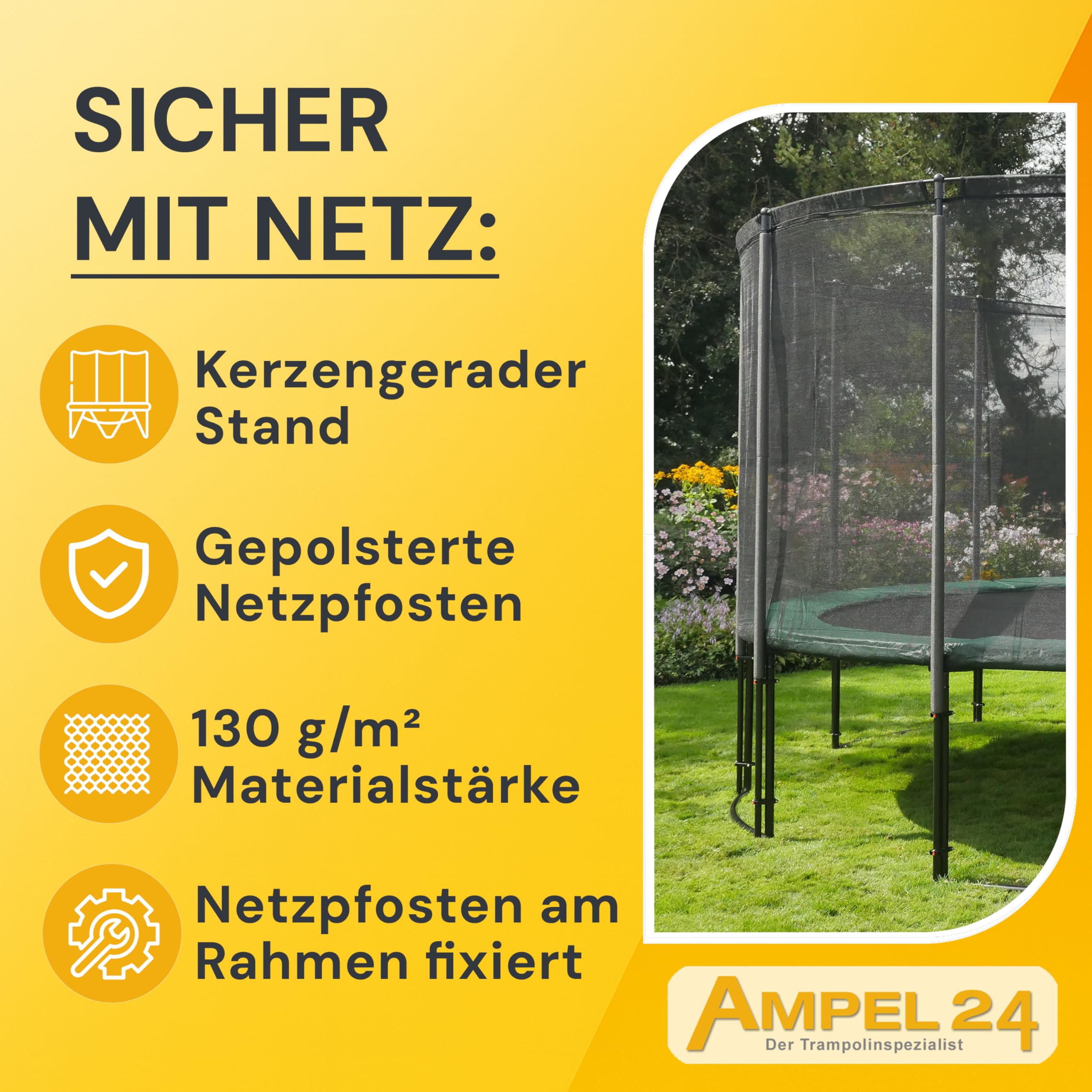 Ampel 24 Trampolin Outdoor Ø 305/366/430 cm, GS-Zertifikat, Kinder Gartentrampoline, Komplettset mit Randabdeckung und Sicherheitsnetz