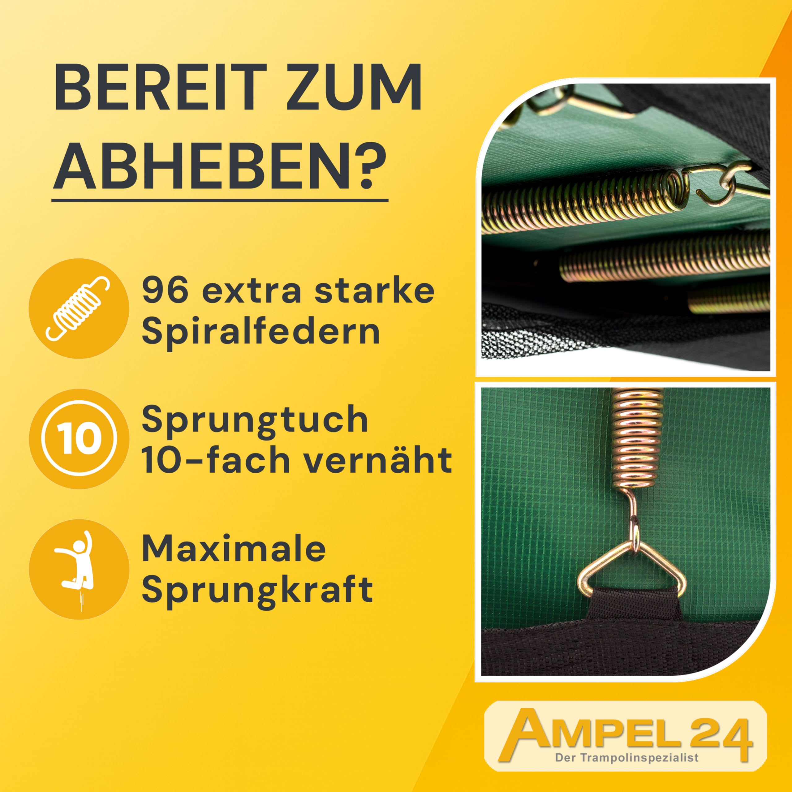 Ampel 24 Trampolin Outdoor Ø 305/366/430 cm, GS-Zertifikat, Kinder Gartentrampoline, Komplettset mit Randabdeckung und Sicherheitsnetz