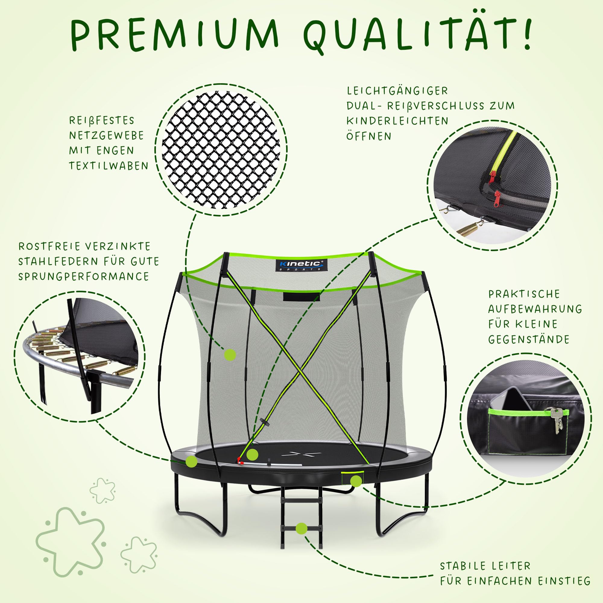 KINETIC SPORTS Trampolin Outdoor 'Ultimate Pro' Ø 244/305/366/427 cm – TÜV Rheinland, Kindertrampolin mit Leiter, Fieberglas-Netz, Gartentrampolin