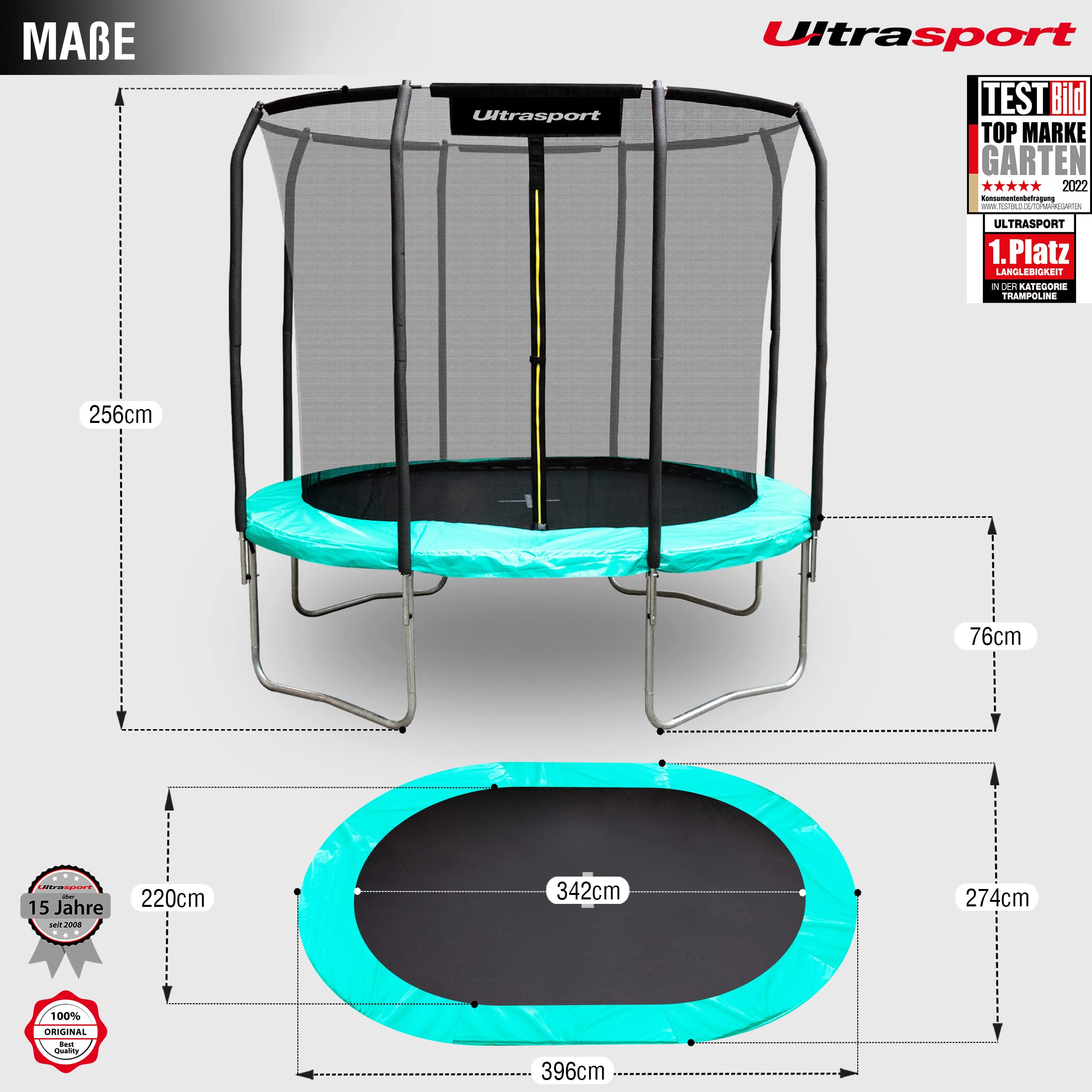 Ultrasport Gartentrampolin Trampolin Ø 244/305/366/427, GS Zertifikat, Lotus, ovales/rundes/eckiges Gartentrampolin mit Sicherheitsnetz, gepolsterte