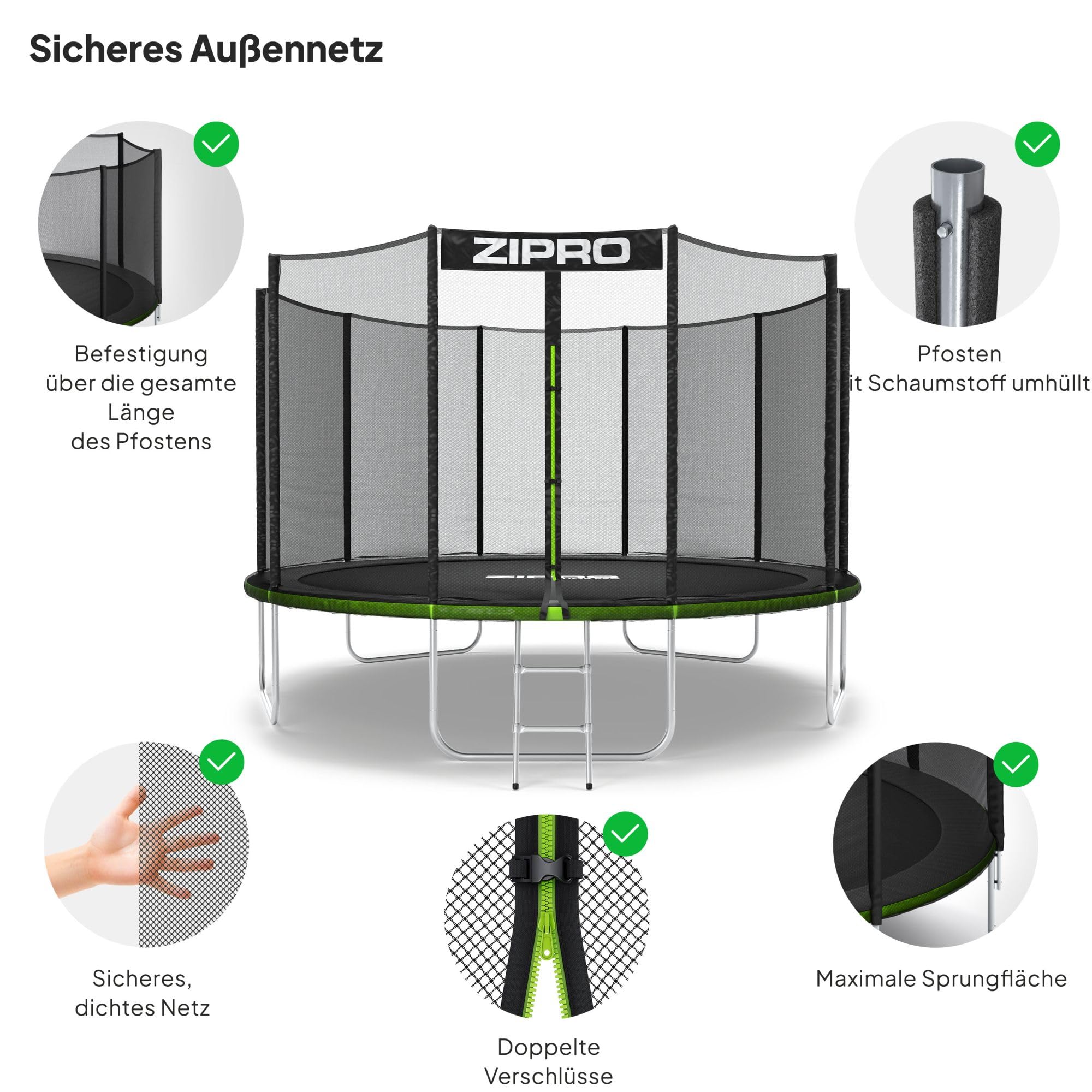 ZIPRO JumpPro Out Trampolin Outdoor, Gartentrampolin für Kinder, mit Außennetz, Wetterfest, UV-Schutz, Einfache Montage, Belastbar 100-150 kg