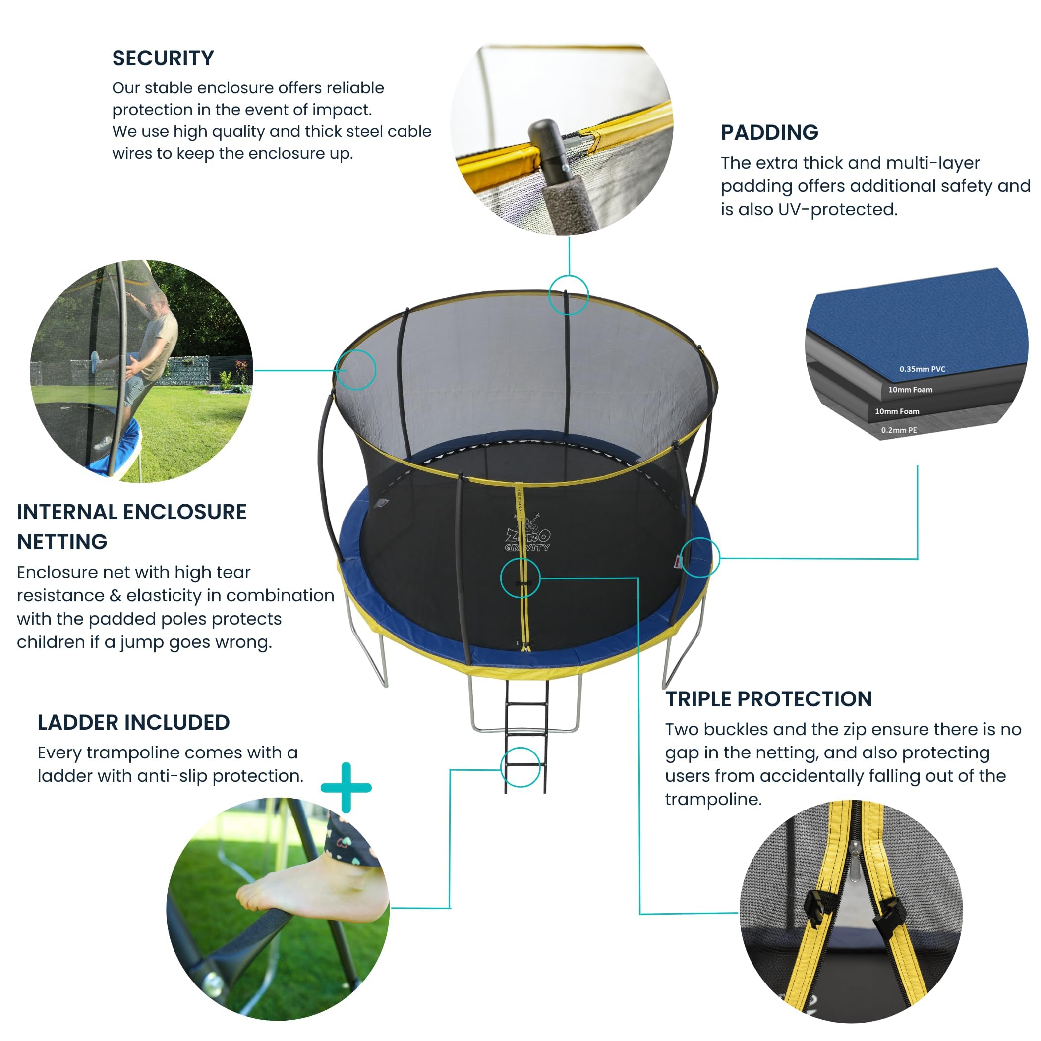 Zero Gravity Outdoor Trampolin Ø 183, 244, 305, 366, 427cm - TÜV-geprüfte Gartentrampoline inkl. Leiter - Sturmsicher in 5 Minuten - Aufbauvideo