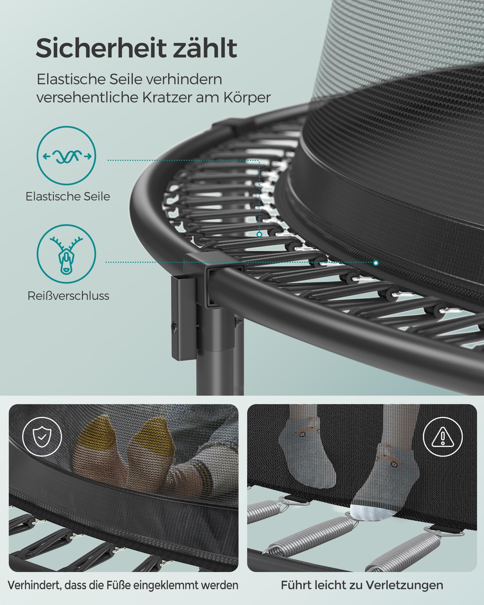 SONGMICS Federloses Trampolin Ø 366 cm, Trampolin Outdoor für Kinder, elastische Seile, Sicherheitsnetz mit Reißverschluss, Glasfaserstangen, sicher