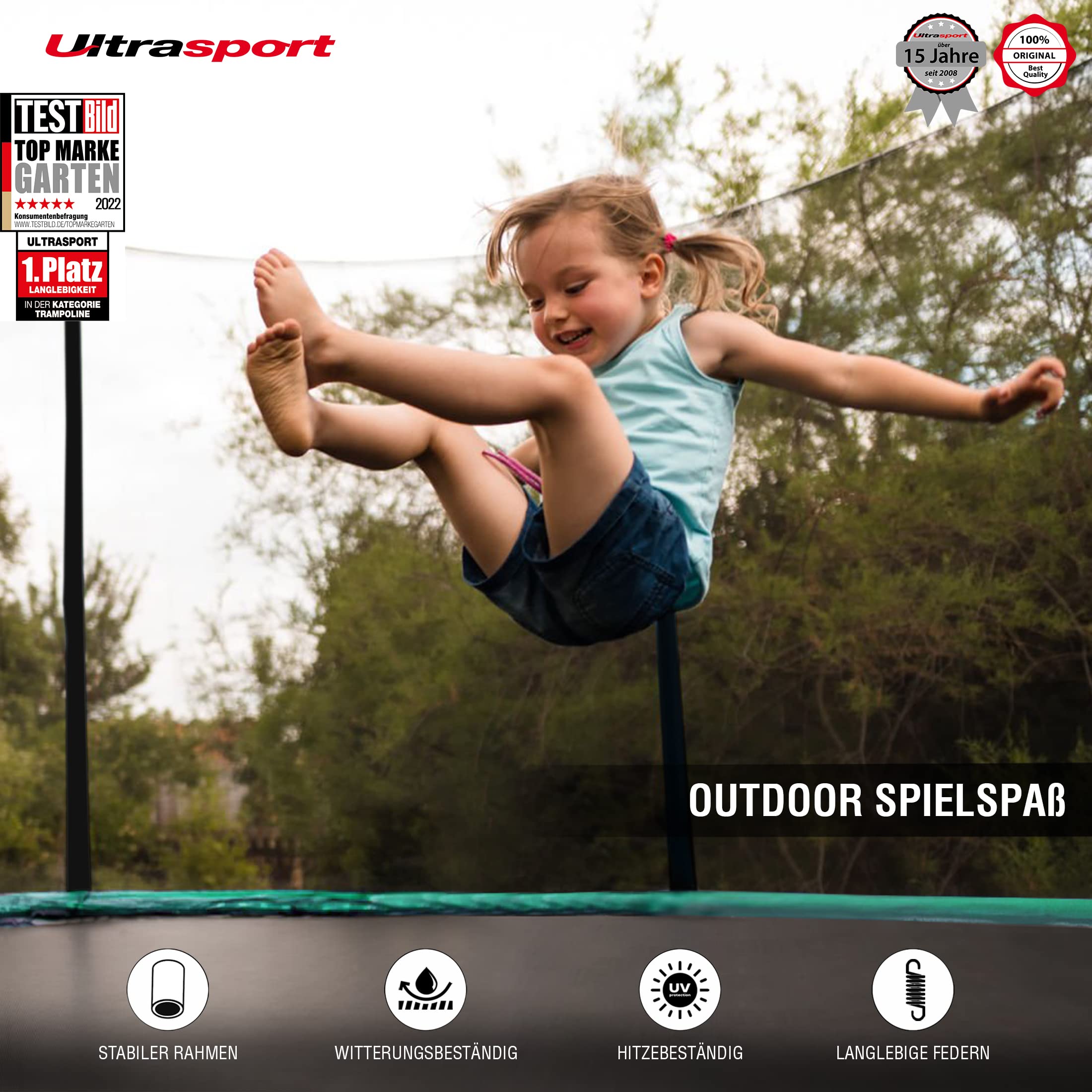 Ultrasport Gartentrampolin Trampolin Ø 244/305/366/427, GS Zertifikat, Lotus, ovales/rundes/eckiges Gartentrampolin mit Sicherheitsnetz, gepolsterte