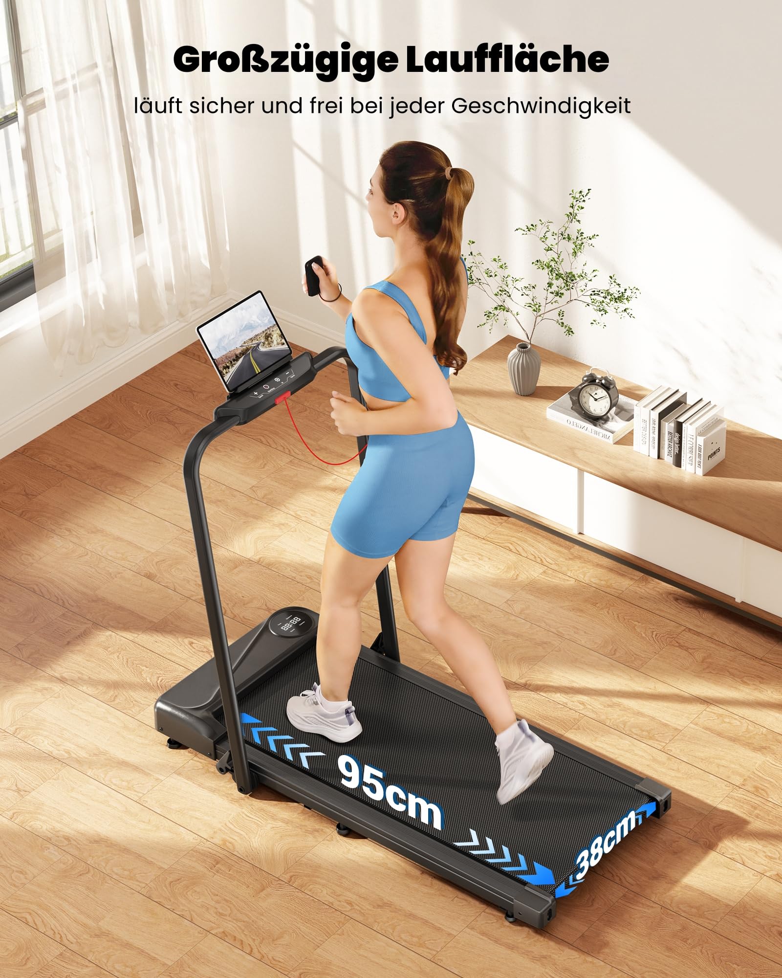 THERUN Laufband klappbar, bis 10 km/h, leises Walking Pad mit LED & Handlauf, doppelte Dämpfung, kein Aufbau nötig, Büro/Zuhause