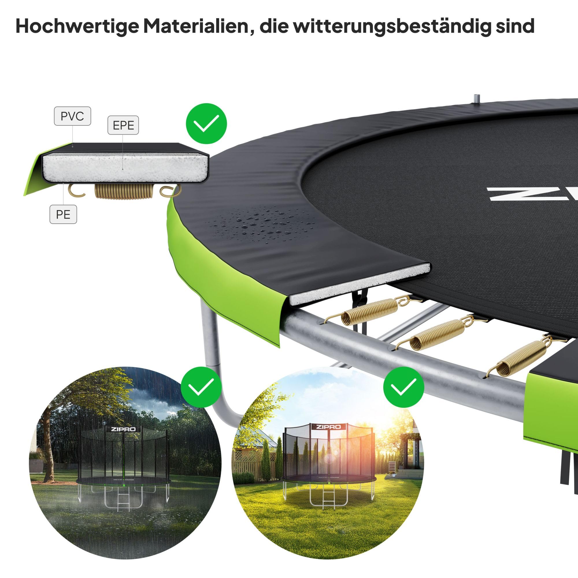 ZIPRO JumpPro Out Trampolin Outdoor, Gartentrampolin für Kinder, mit Außennetz, Wetterfest, UV-Schutz, Einfache Montage, Belastbar 100-150 kg
