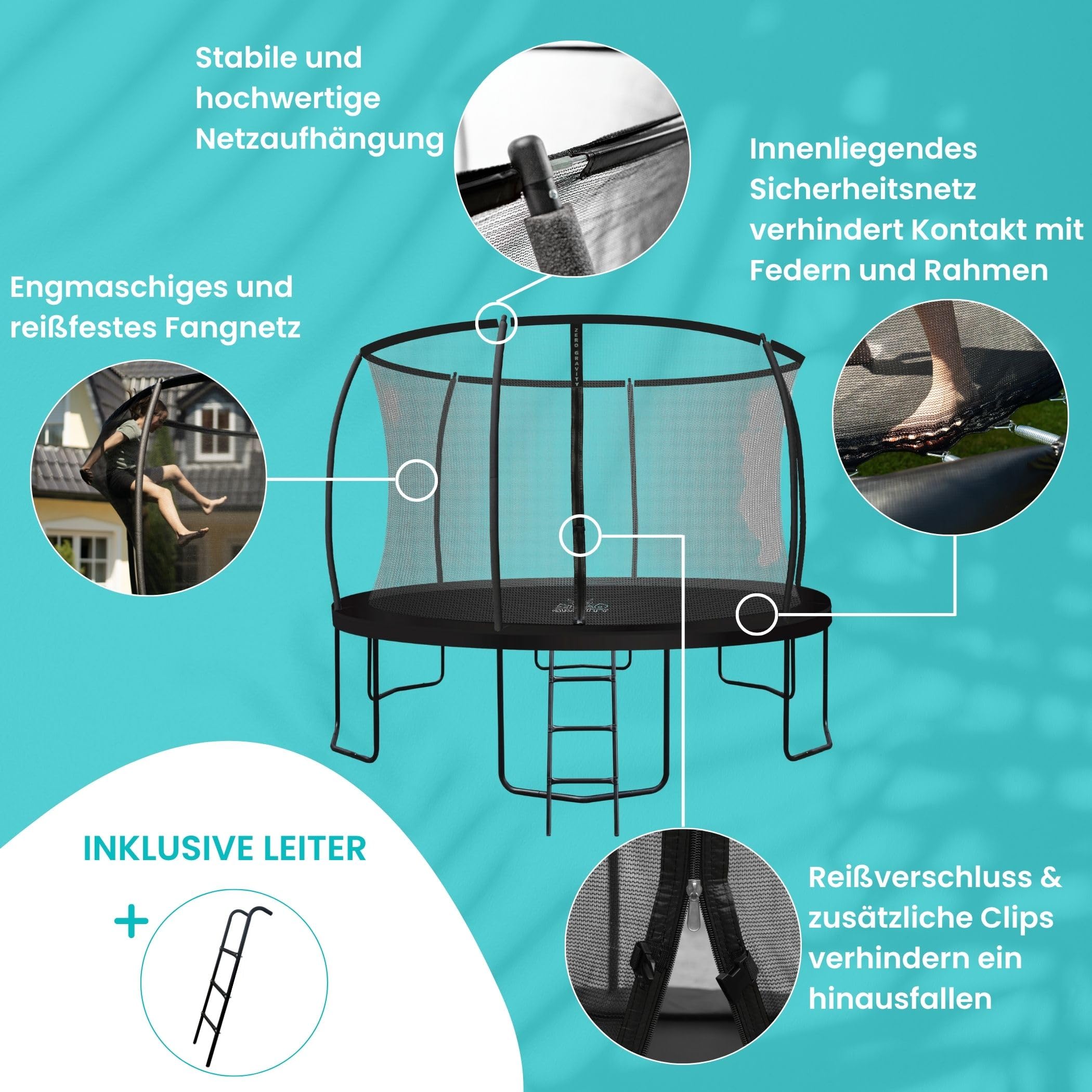 Zero Gravity Trampolin Outdoor Ø 183/244/305/366/427 cm, TÜV GS geprüft, Gartentrampolin Komplett-Set inkl. Leiter, Smarter Netzabbau in nur 5 Minuten