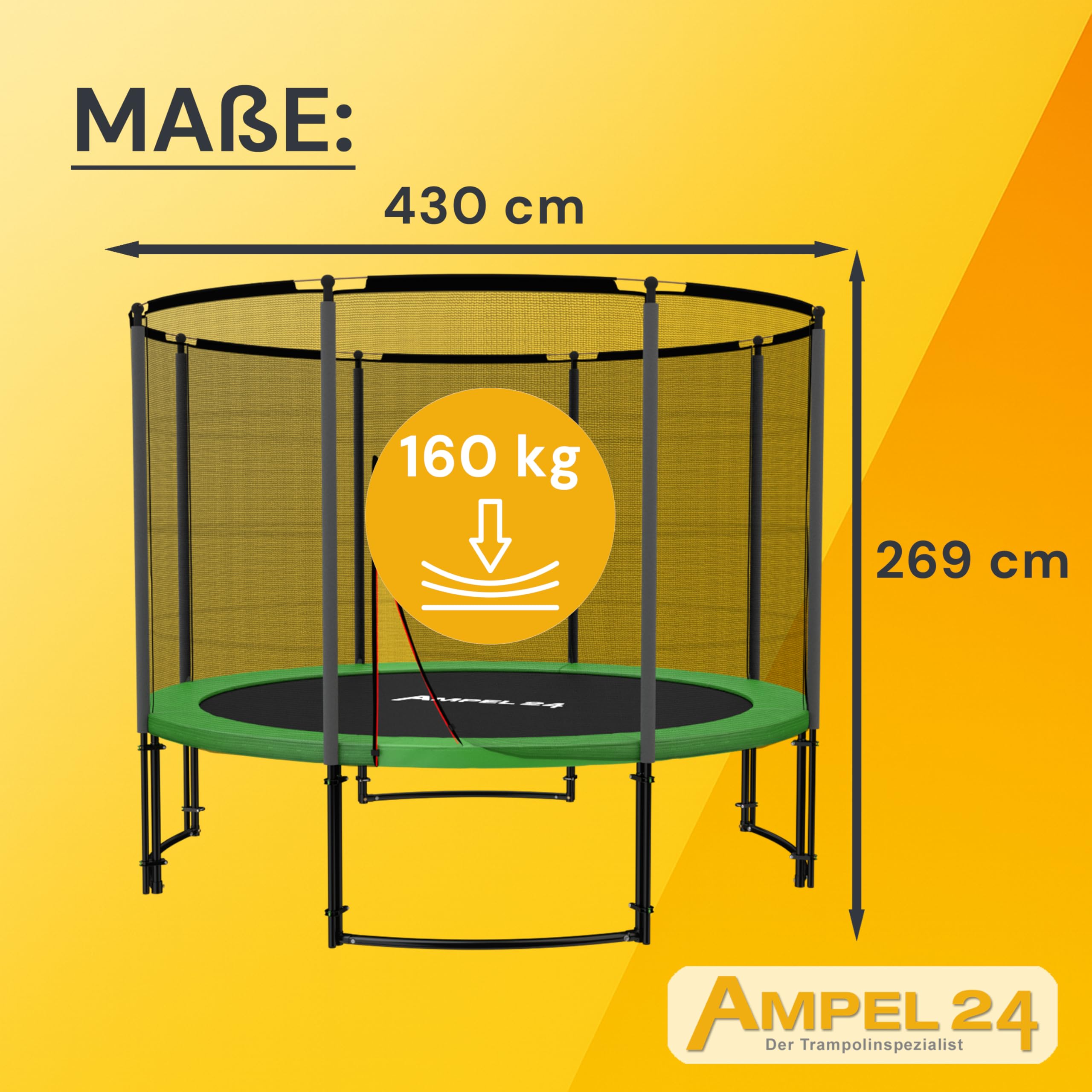 Ampel 24 Trampolin Outdoor Ø 305/366/430 cm, GS-Zertifikat, Kinder Gartentrampoline, Komplettset mit Randabdeckung und Sicherheitsnetz
