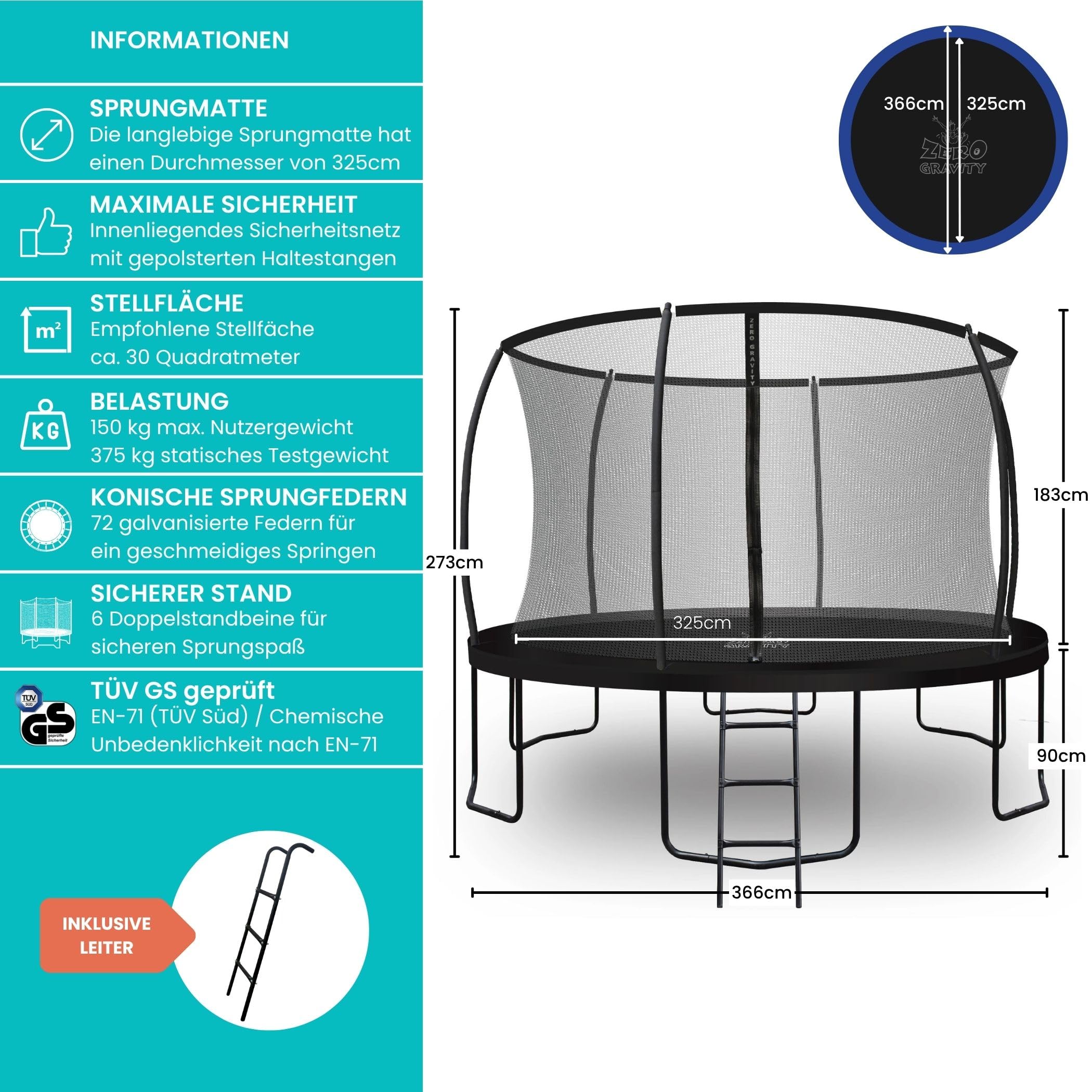 Zero Gravity Trampolin Outdoor Ø 183/244/305/366/427 cm, TÜV GS geprüft, Gartentrampolin Komplett-Set inkl. Leiter, Smarter Netzabbau in nur 5 Minuten