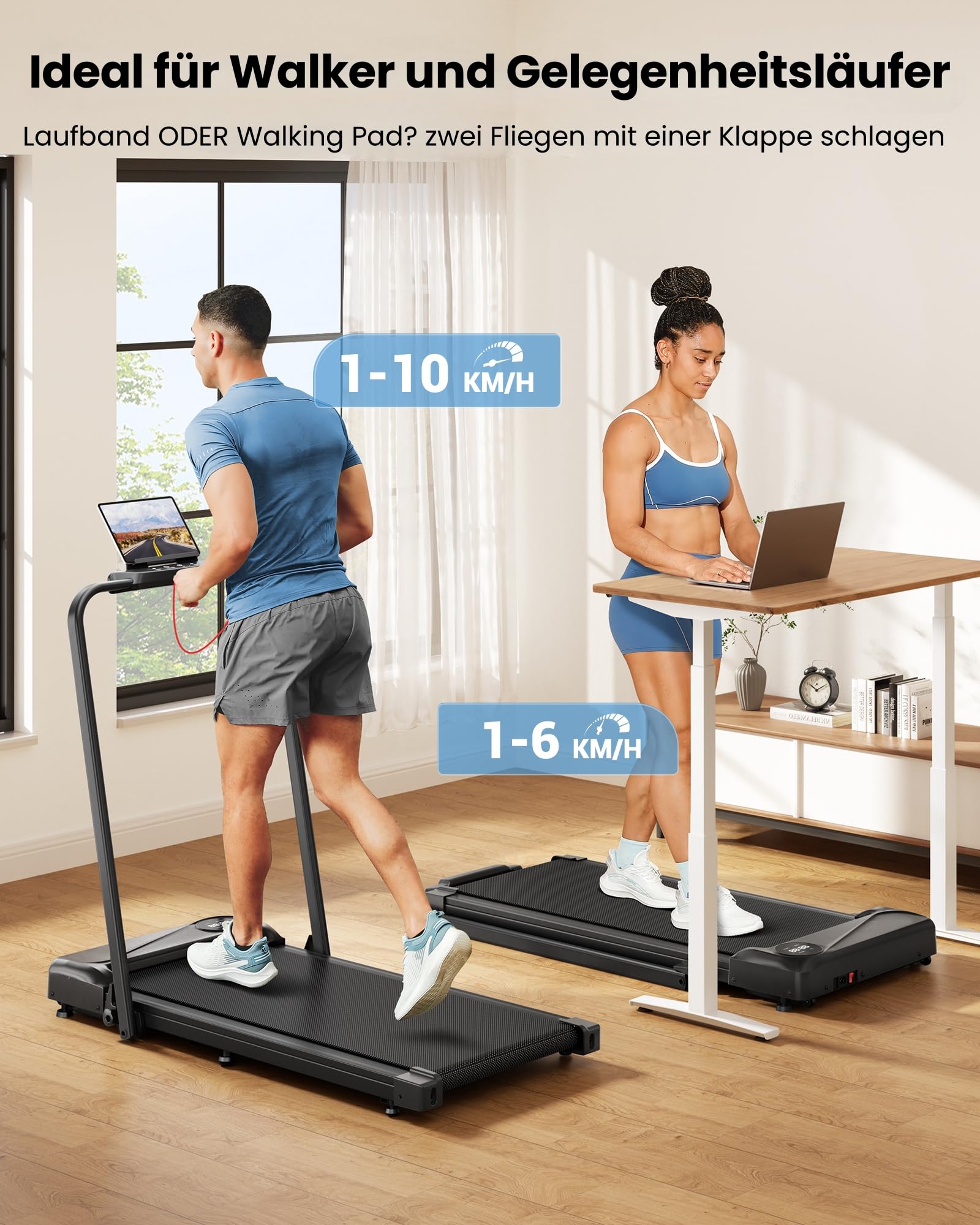 THERUN Laufband klappbar, bis 10 km/h, leises Walking Pad mit LED & Handlauf, doppelte Dämpfung, kein Aufbau nötig, Büro/Zuhause