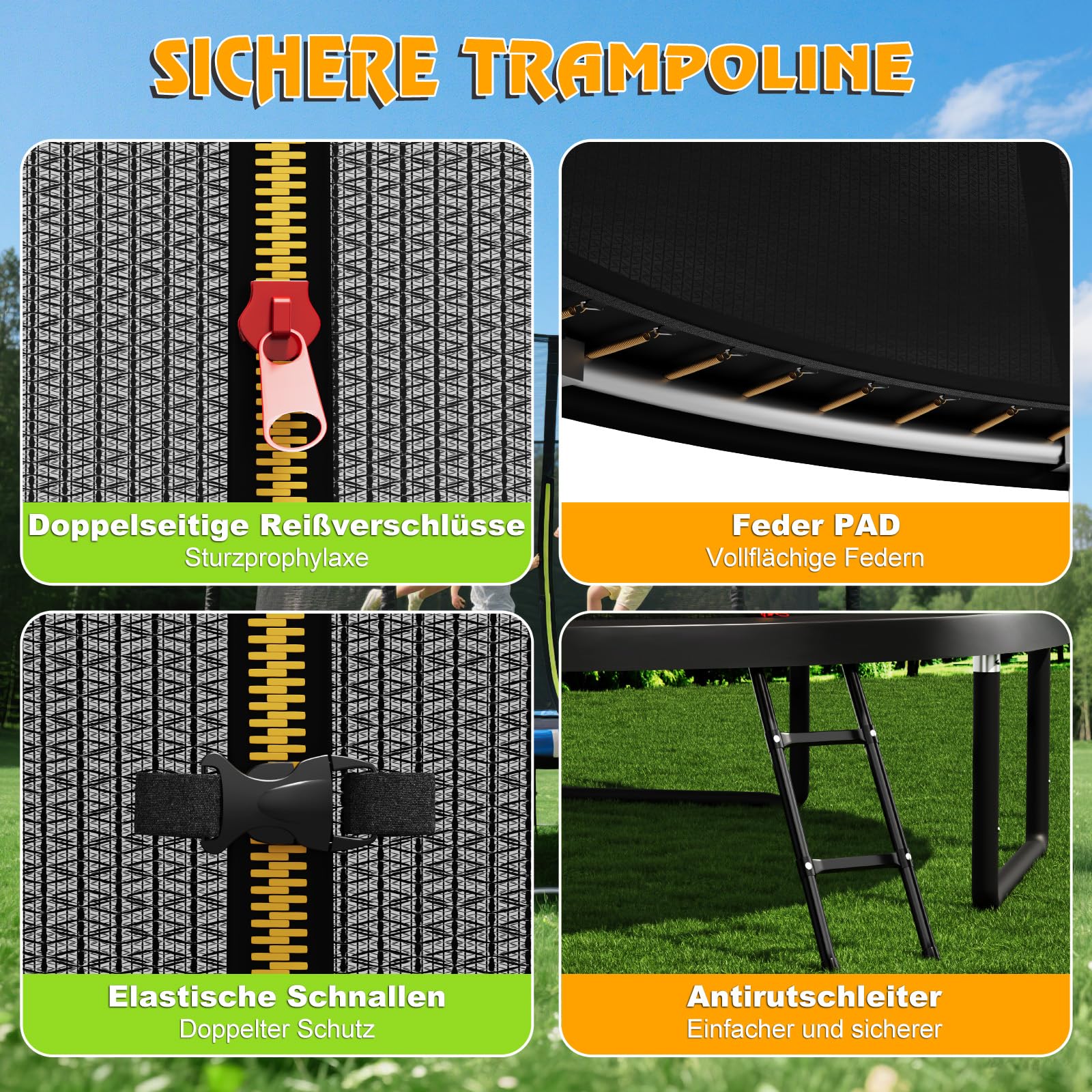 Devoko Trampolin Outdoor Ø 228/305/366/427 cm, vom TÜV Rheinland GS-Zertifikat, Kindertrampolin Gartentrampolin mit Sicherheitsnetz, Rundes