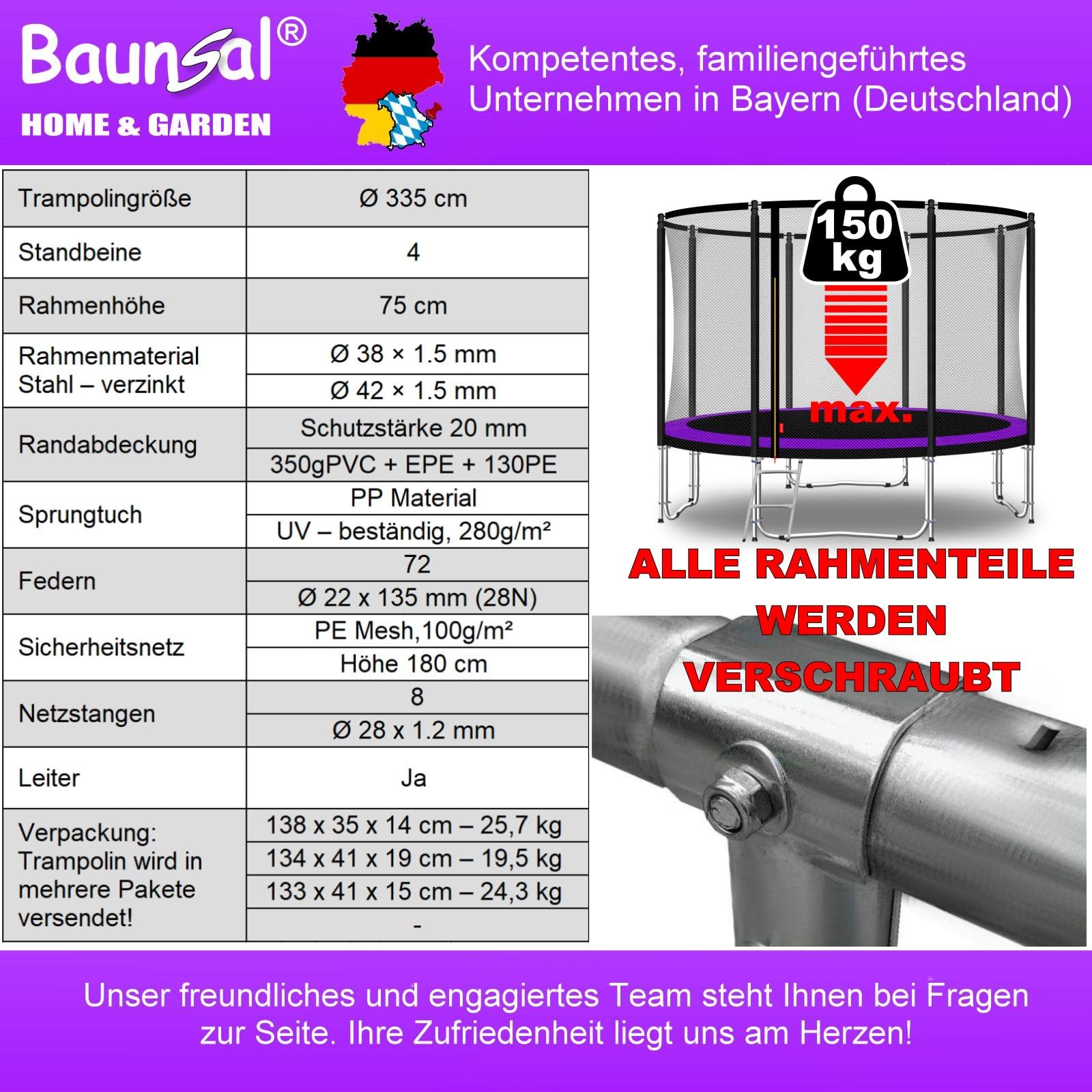 Baunsal® Trampolin Outdoor Ø 335 cm (FGOS) lila-schwarz als Komplettset Gartenspielzeug Kindertrampolin Gartentrampolin rund Garten Spielzeug