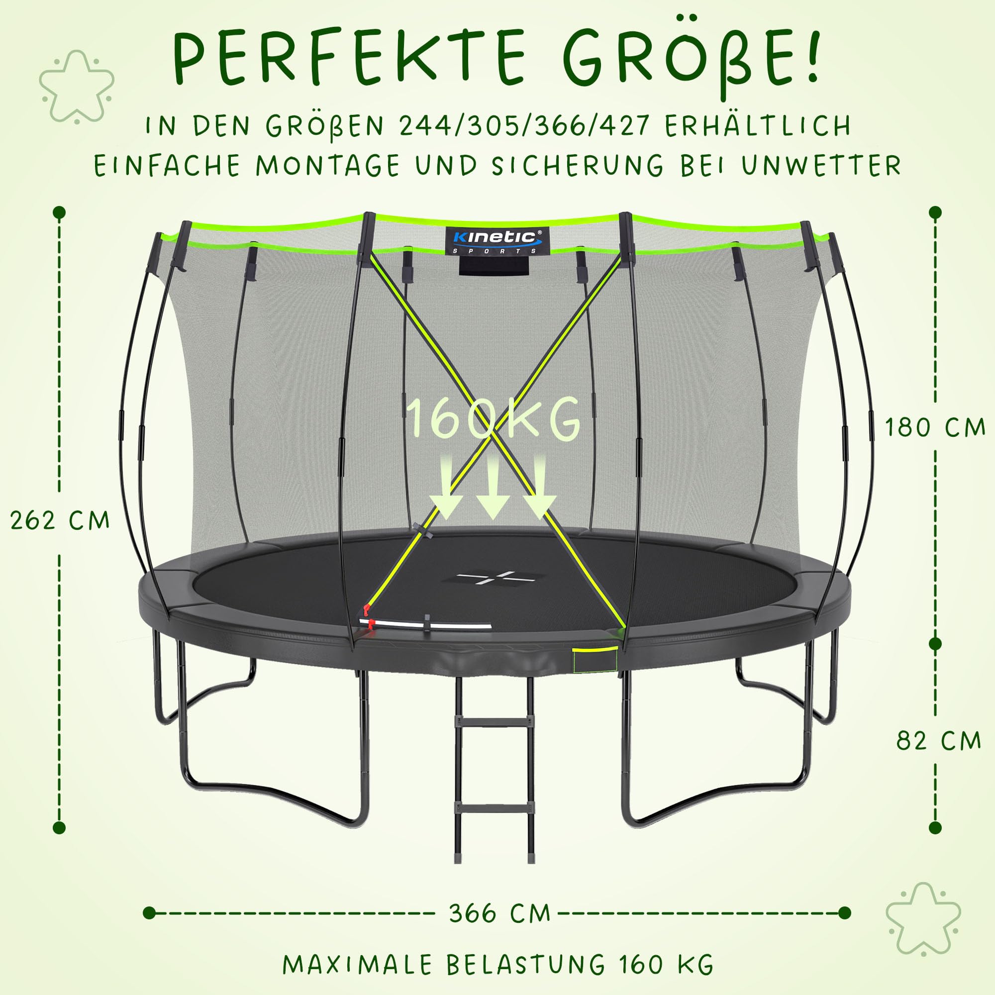KINETIC SPORTS Trampolin Outdoor 'Ultimate Pro' Ø 244/305/366/427 cm – TÜV Rheinland, Kindertrampolin mit Leiter, Fieberglas-Netz, Gartentrampolin