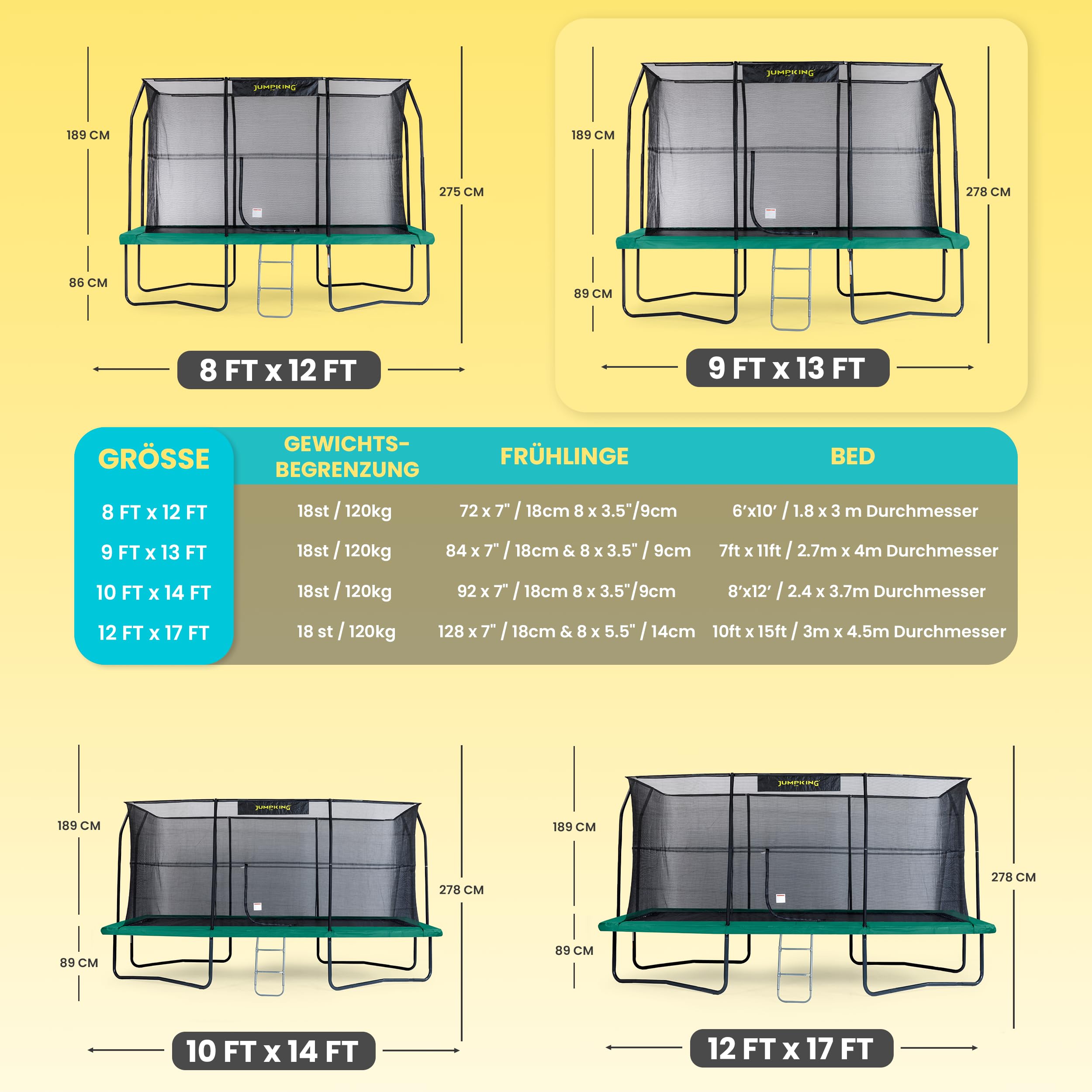 Jumpking 9ft x 13ft Rechteckige Trampolin mit Sicherheit Gehäuse Netz & Leiter ❘ Outdoor-Garten-Trampolin für Erwachsene & Kinder | Tri-Layer Rohr