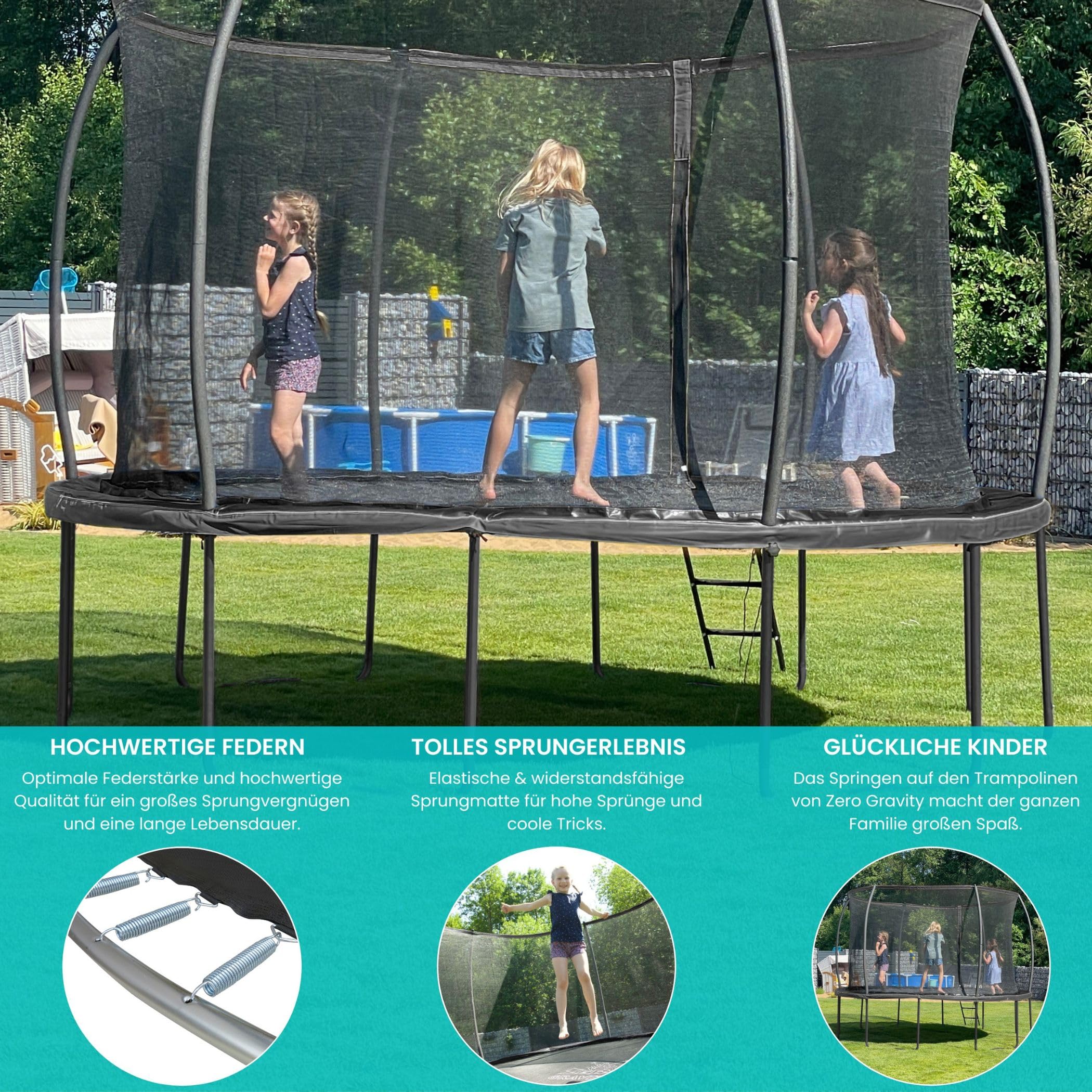 Zero Gravity Trampolin Outdoor Ø 183/244/305/366/427 cm, TÜV GS geprüft, Gartentrampolin Komplett-Set inkl. Leiter, Smarter Netzabbau in nur 5 Minuten