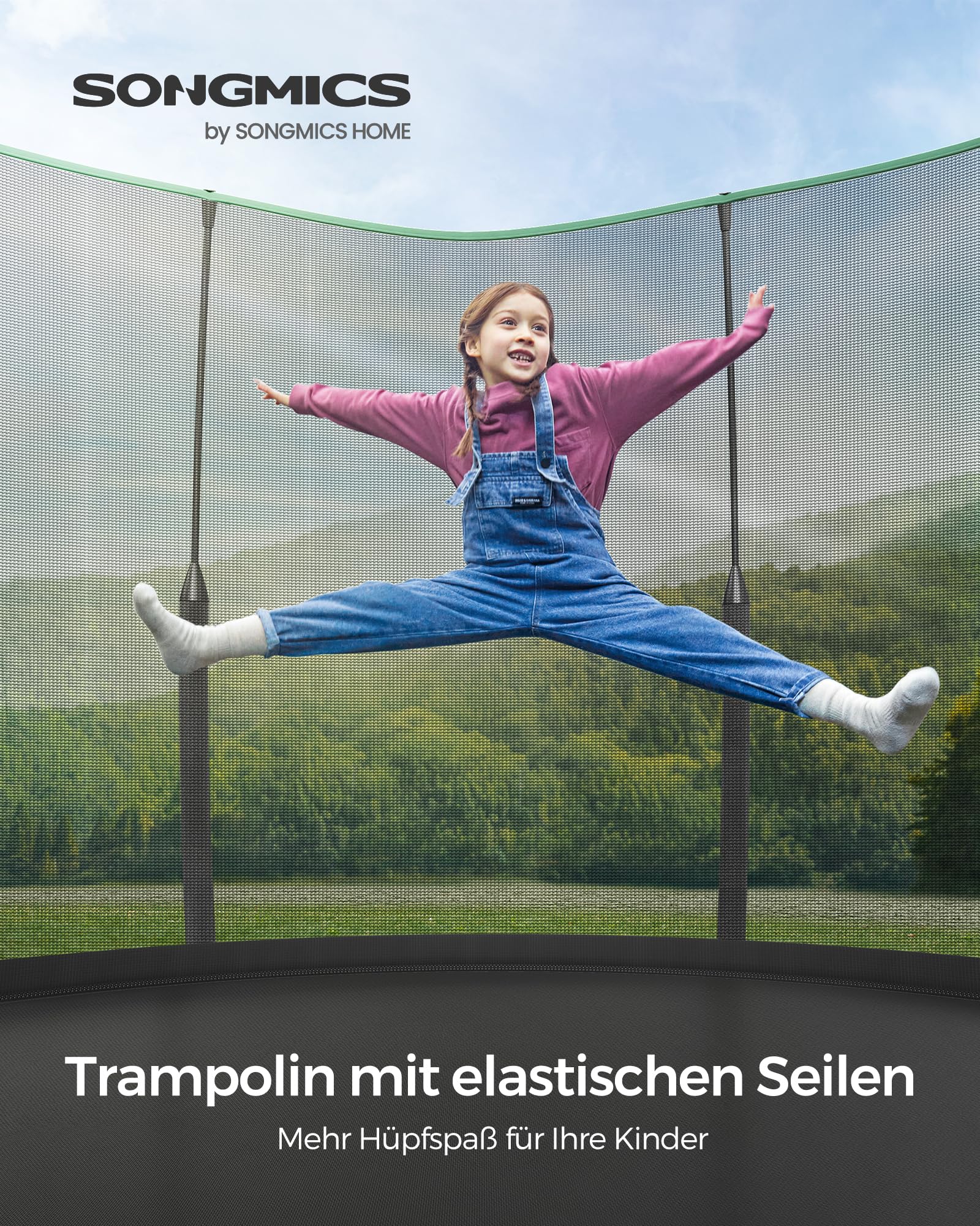 SONGMICS Federloses Trampolin Ø 366 cm, Trampolin Outdoor für Kinder, elastische Seile, Sicherheitsnetz mit Reißverschluss, Glasfaserstangen, sicher
