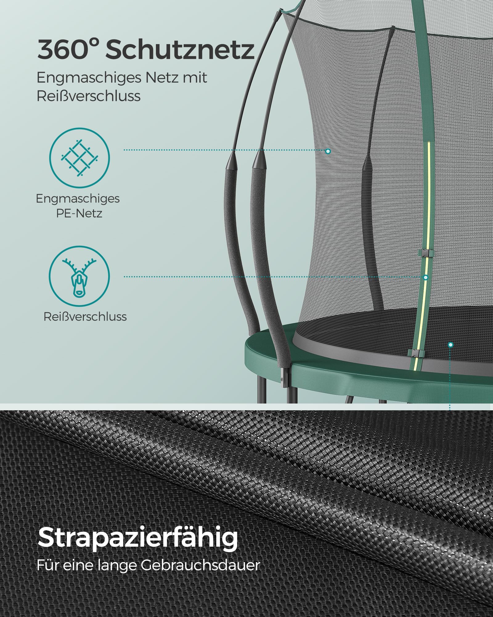 SONGMICS Federloses Trampolin Ø 366 cm, Trampolin Outdoor für Kinder, elastische Seile, Sicherheitsnetz mit Reißverschluss, Glasfaserstangen, sicher