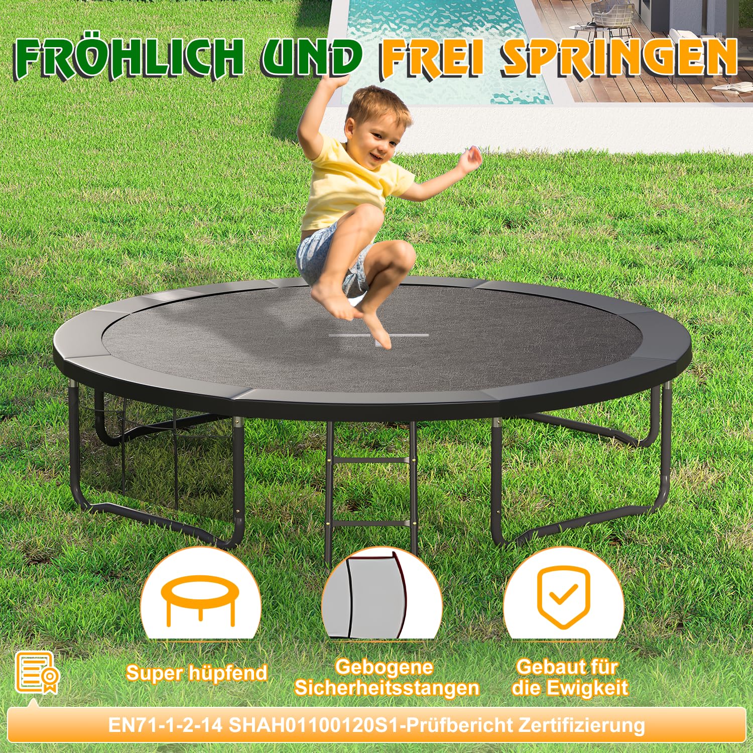 Devoko Trampolin Outdoor Ø 228/305/366/427 cm, vom TÜV Rheinland GS-Zertifikat, Kindertrampolin Gartentrampolin mit Sicherheitsnetz, Rundes