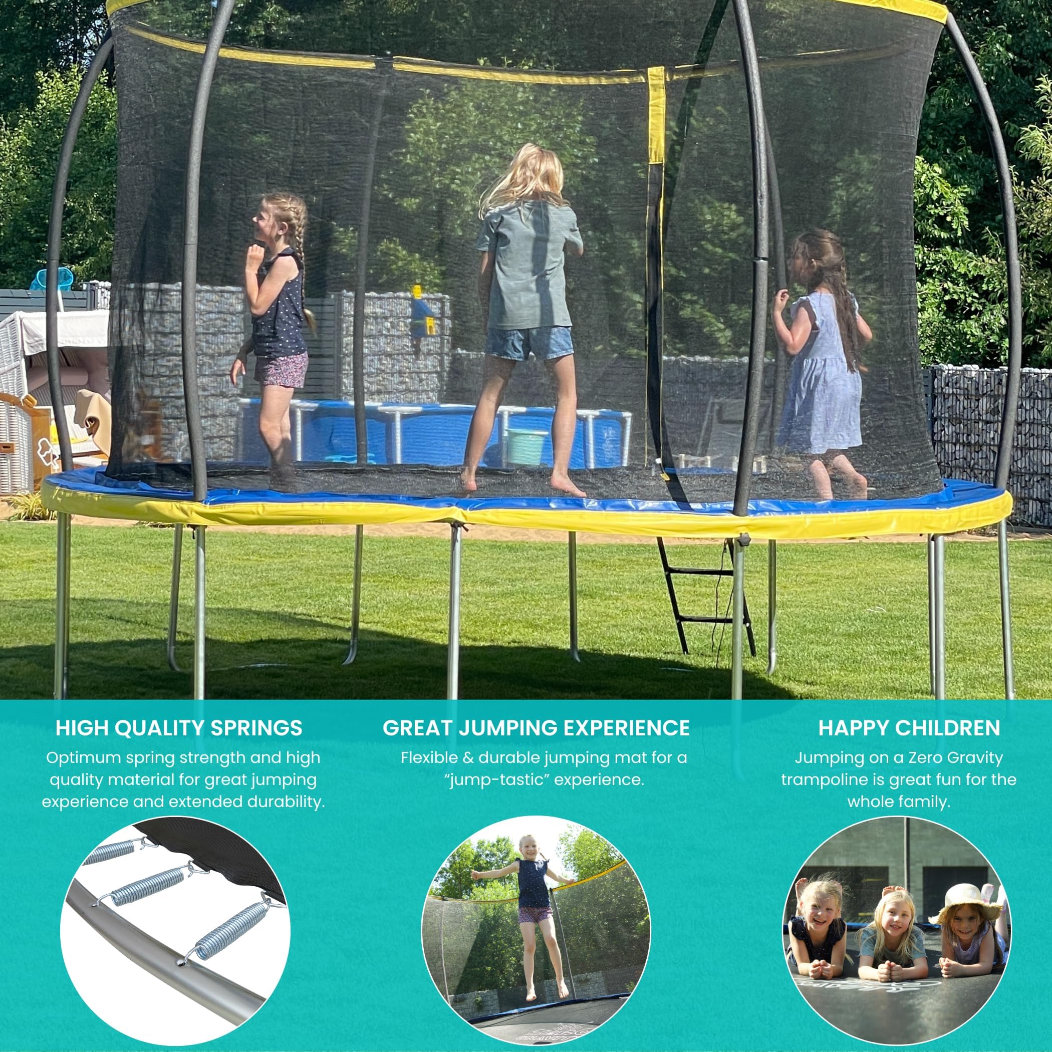 Zero Gravity Outdoor Trampolin Ø 183, 244, 305, 366, 427cm - TÜV-geprüfte Gartentrampoline inkl. Leiter - Sturmsicher in 5 Minuten - Aufbauvideo