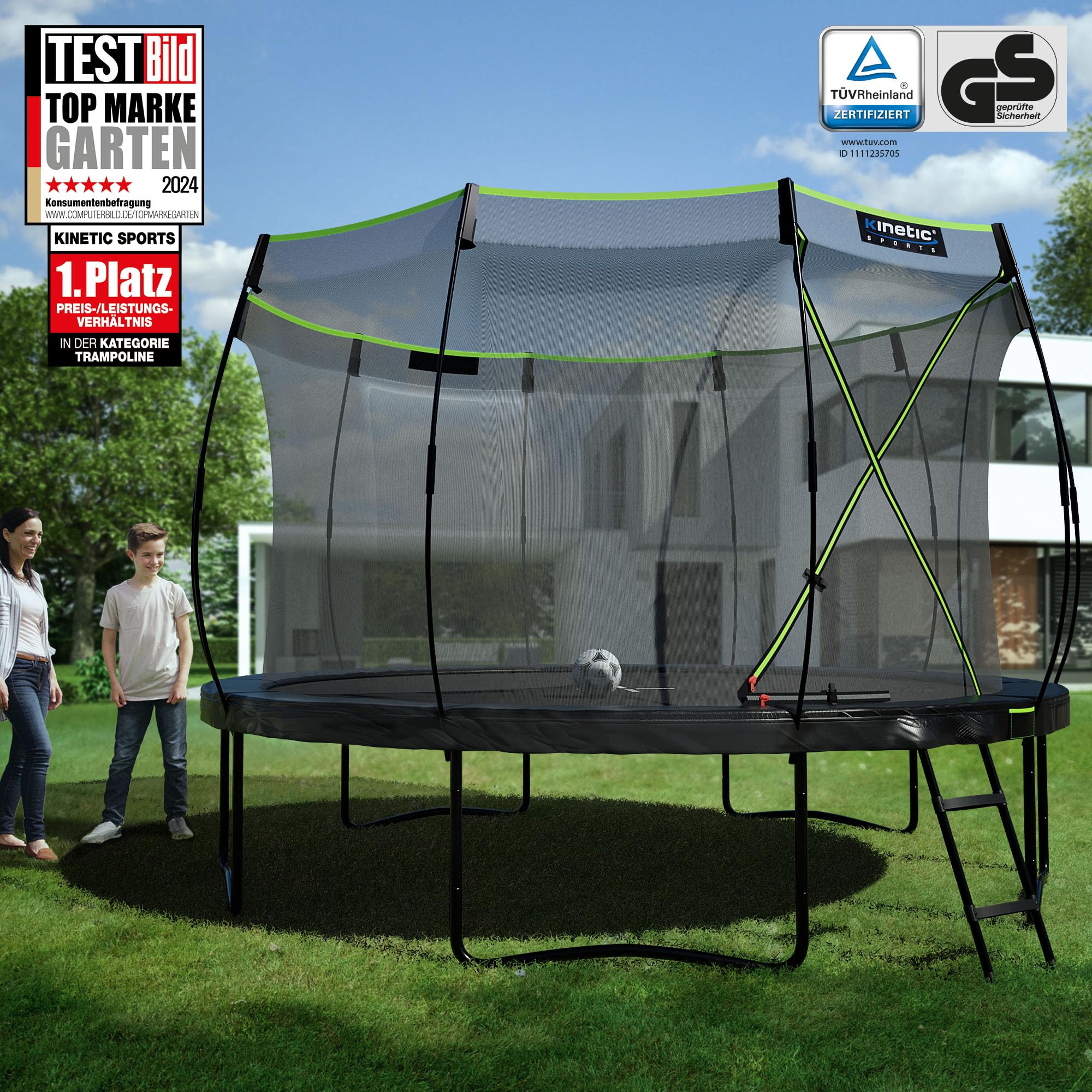 KINETIC SPORTS Trampolin Outdoor 'Ultimate Pro' Ø 244/305/366/427 cm – TÜV Rheinland, Kindertrampolin mit Leiter, Fieberglas-Netz, Gartentrampolin