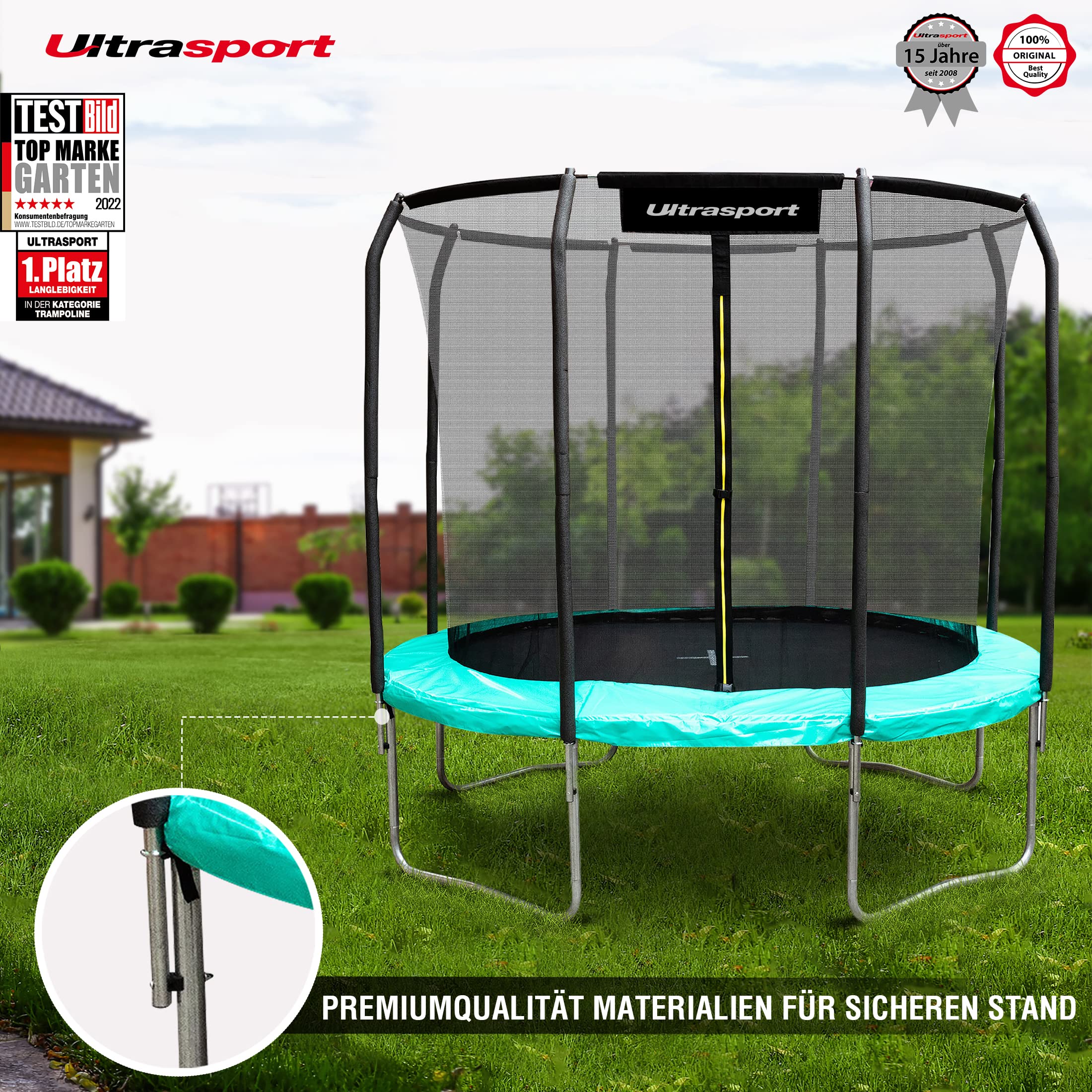 Ultrasport Gartentrampolin Trampolin Ø 244/305/366/427, GS Zertifikat, Lotus, ovales/rundes/eckiges Gartentrampolin mit Sicherheitsnetz, gepolsterte