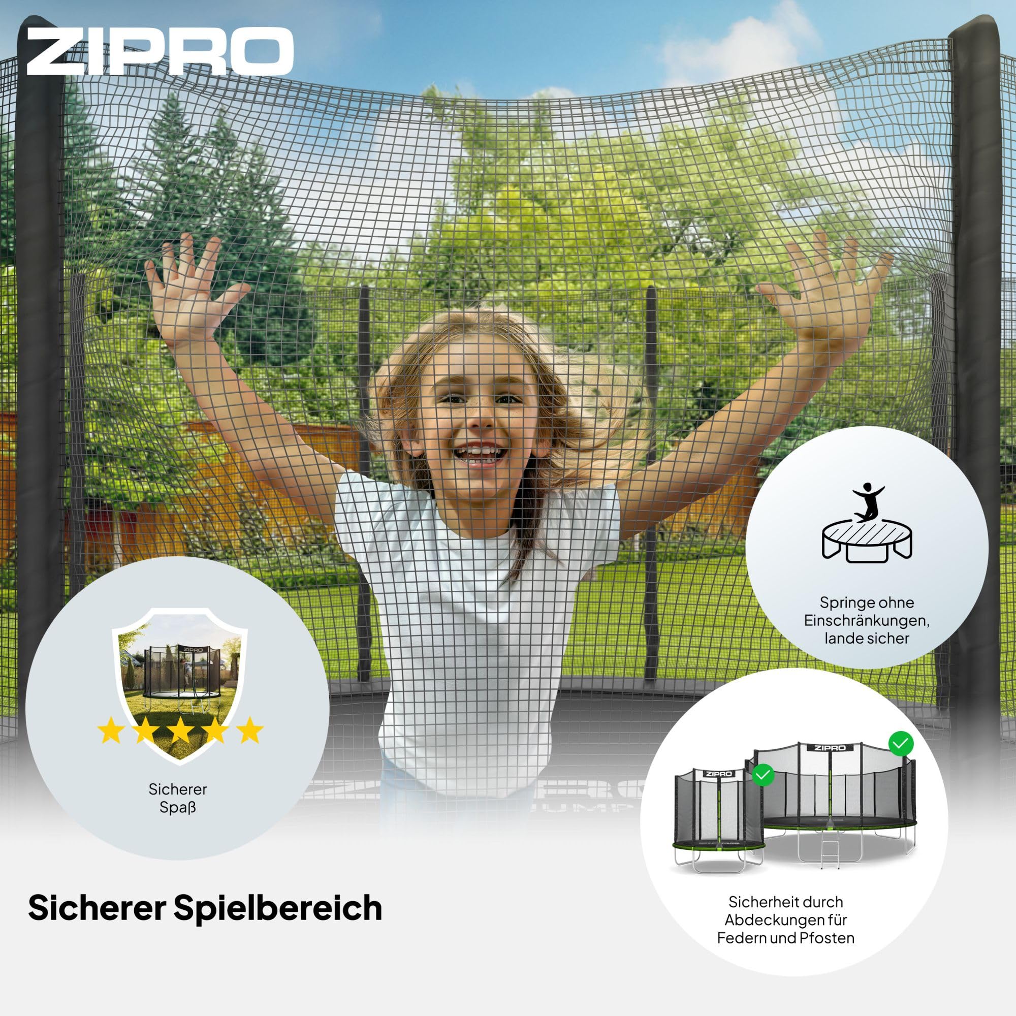ZIPRO JumpPro Out Trampolin Outdoor, Gartentrampolin für Kinder, mit Außennetz, Wetterfest, UV-Schutz, Einfache Montage, Belastbar 100-150 kg