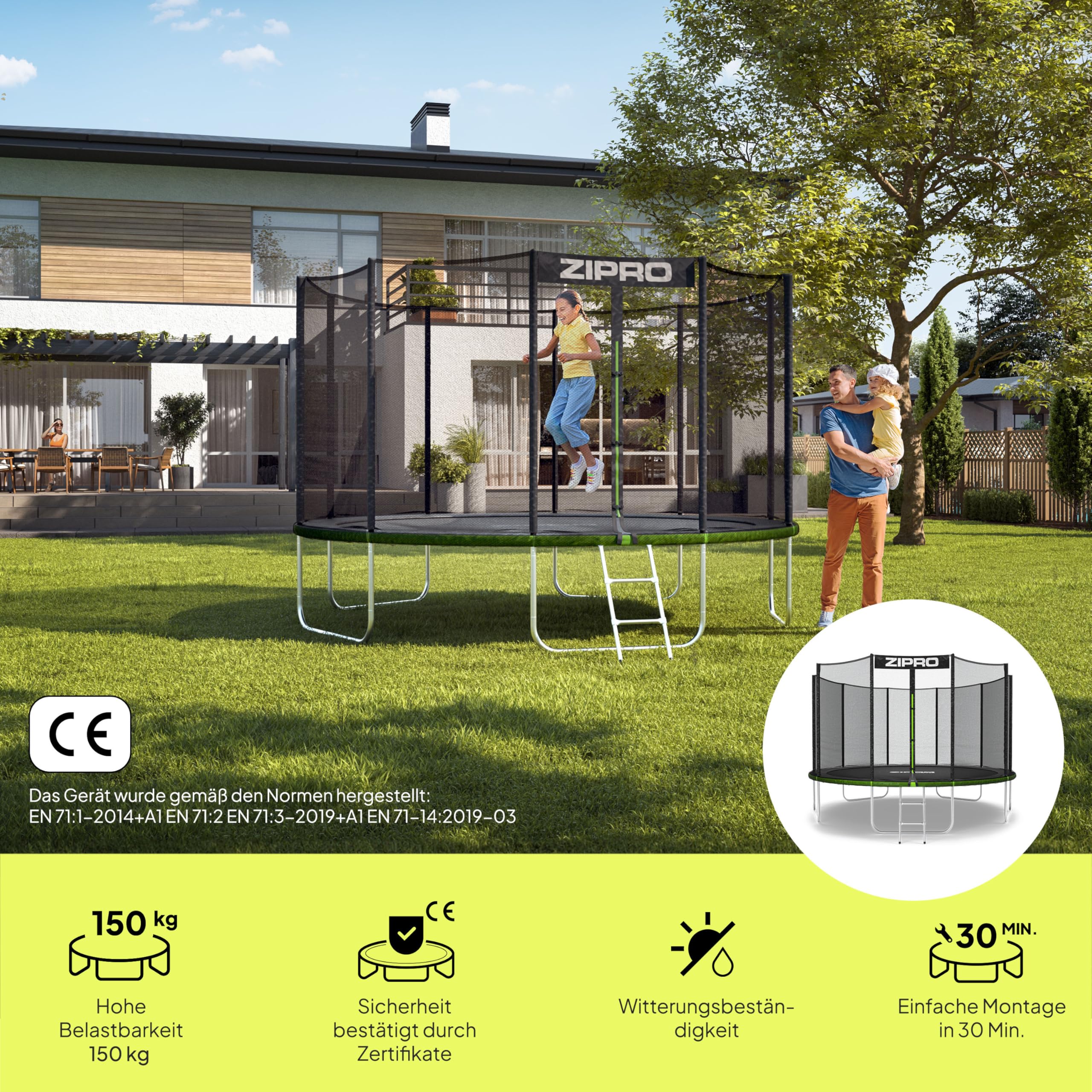 ZIPRO JumpPro Out Trampolin Outdoor, Gartentrampolin für Kinder, mit Außennetz, Wetterfest, UV-Schutz, Einfache Montage, Belastbar 100-150 kg