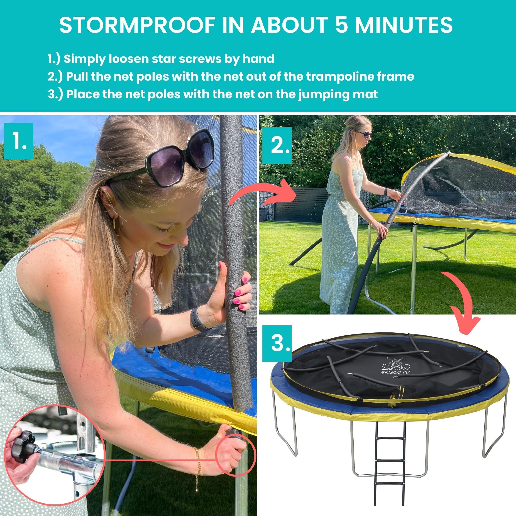 Zero Gravity Outdoor Trampolin Ø 183, 244, 305, 366, 427cm - TÜV-geprüfte Gartentrampoline inkl. Leiter - Sturmsicher in 5 Minuten - Aufbauvideo